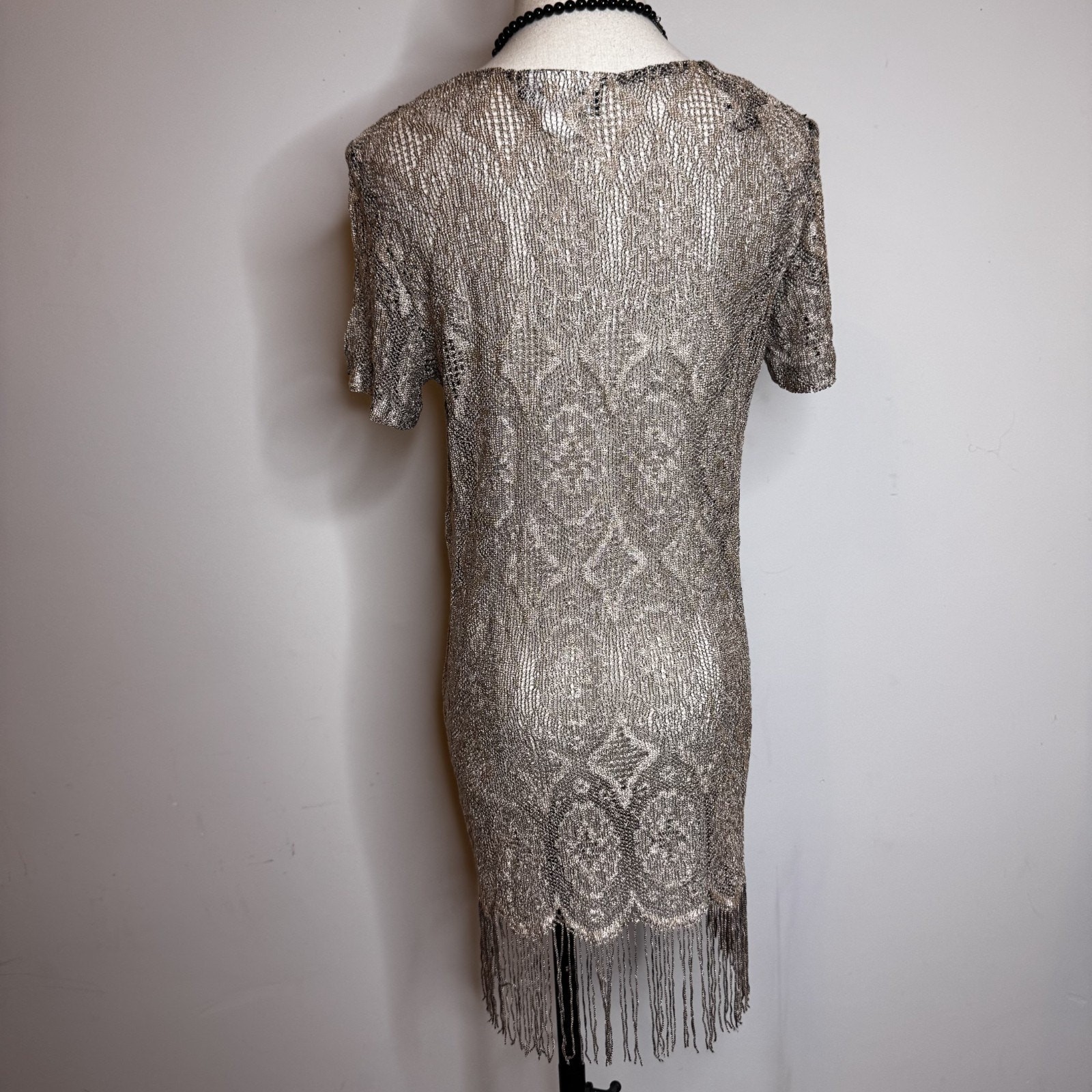 Vintage 90s Gold Lace Mini Dress Sheer Fringe Boho Flapper Goth Grunge Stunning