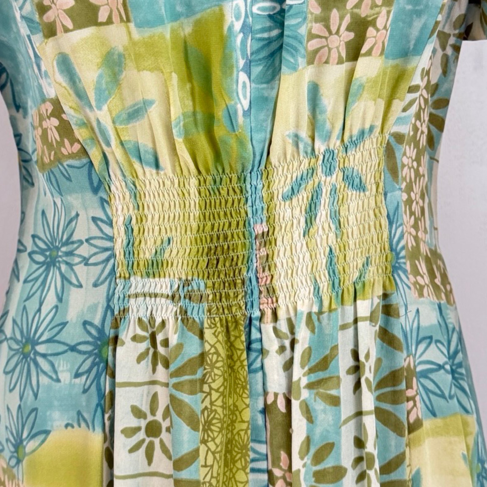 Vintage Patchwork Floral Print Silk Dress 90s Maggy London Green/Blue Maxi