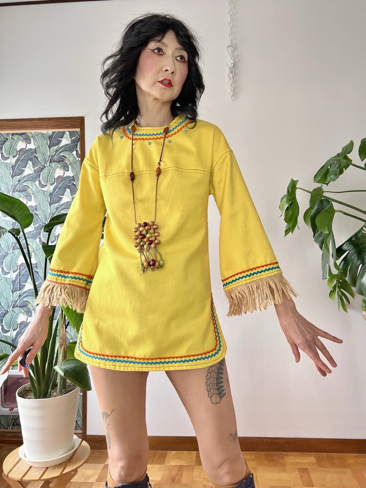 VTG 60s 70s Trivia By Charm Of Hollywood MOD Hippie Fringe Cotton Tunic XS/S