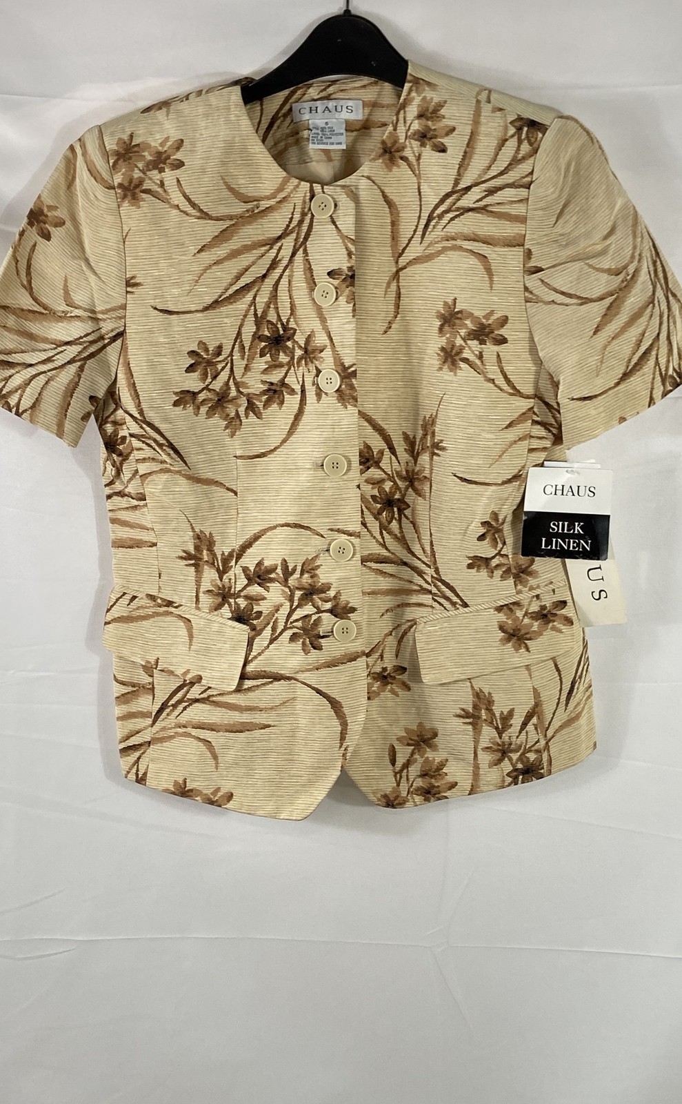 Vintage 90s Chaus Women’s Tan Floral Silk Linen Button Up Blouse NWT Size 6