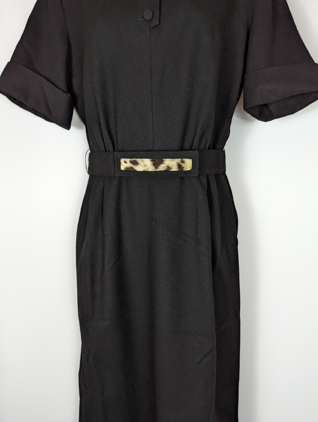 NANCY GREER NEW YORK VTG 70s Black Wool Belted Sheath Dress MED