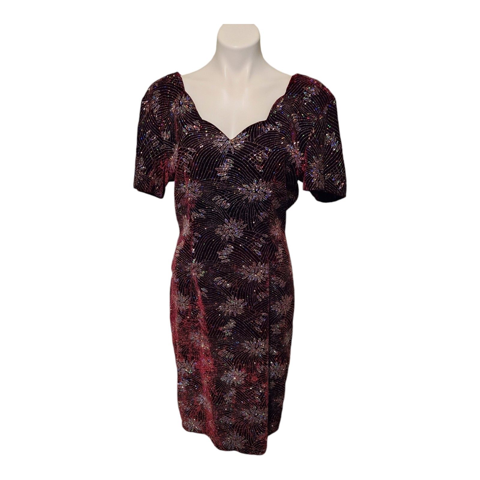 Mayvens Vintage 80’s Maroon Velvet Silver Sparkle Size 10 Scallop V Neck Dress