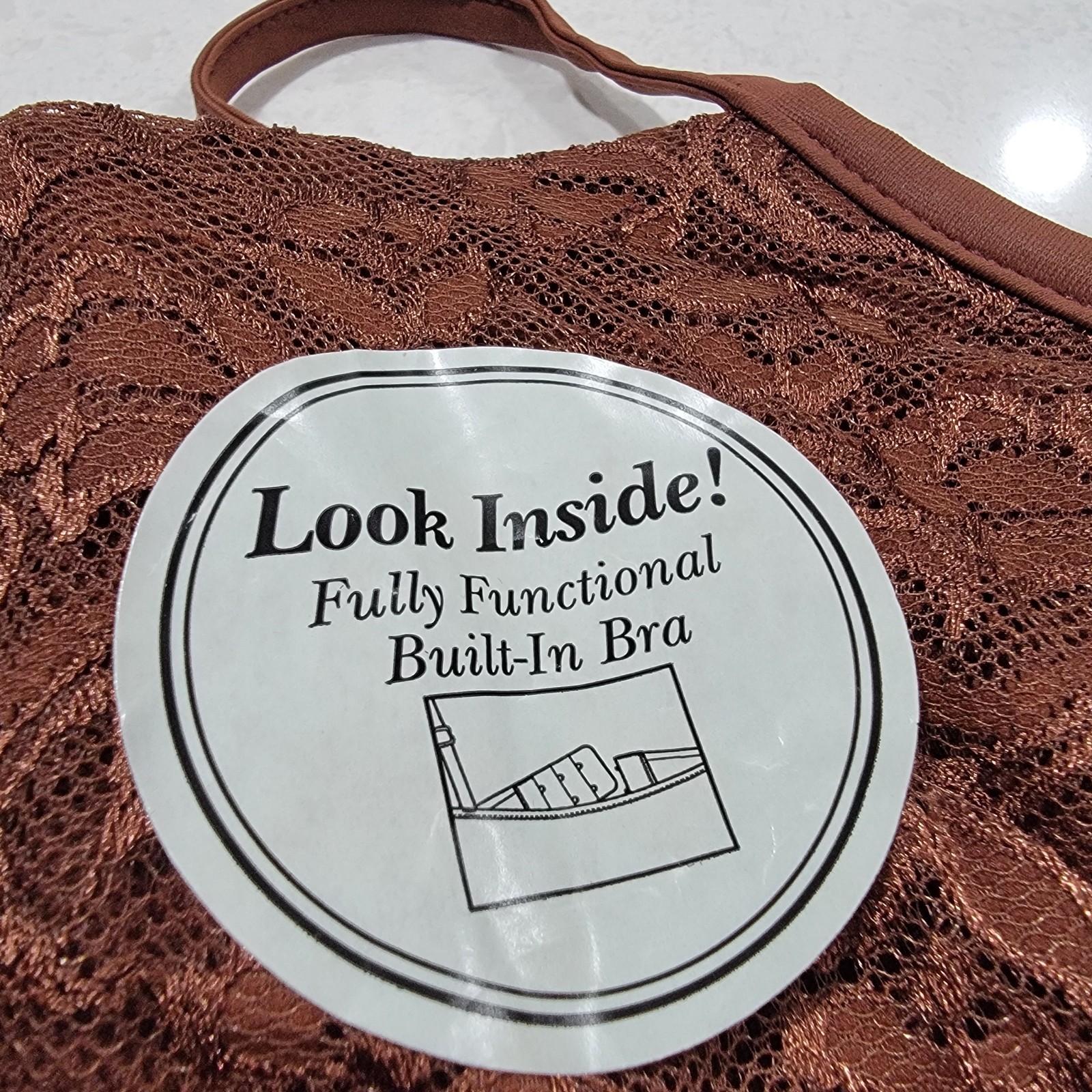 Bay Studio Intimates Cami Brown Lace Camisole Built In Bra Sz 38C NWT