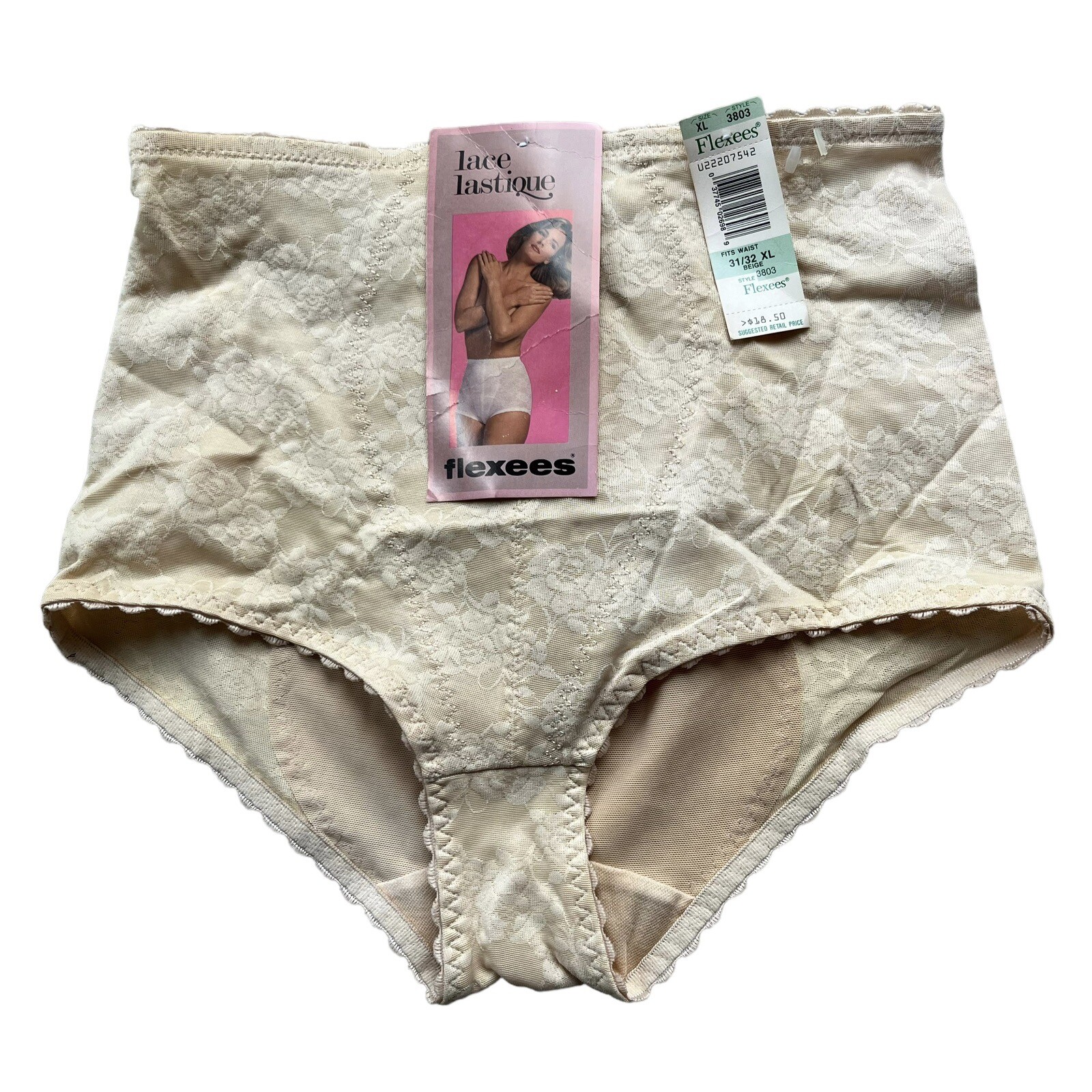 Vtg NWT Flexees Lace Lastique Beige High Waist Panties Briefs Tummy Control XL