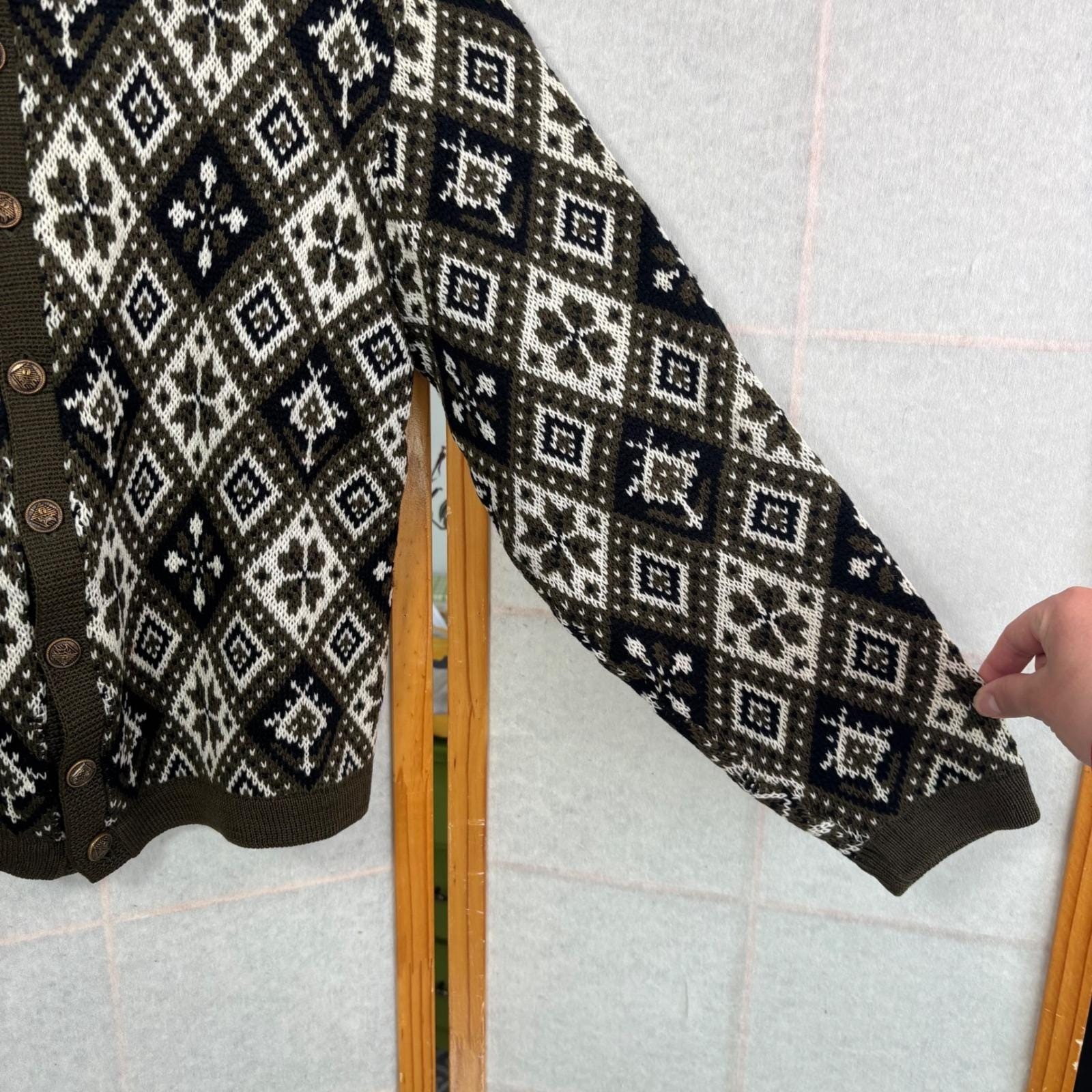 Vintage Jersild Virgin Wool Fair Isle Cardigan Sweater Olive Green Geometric L
