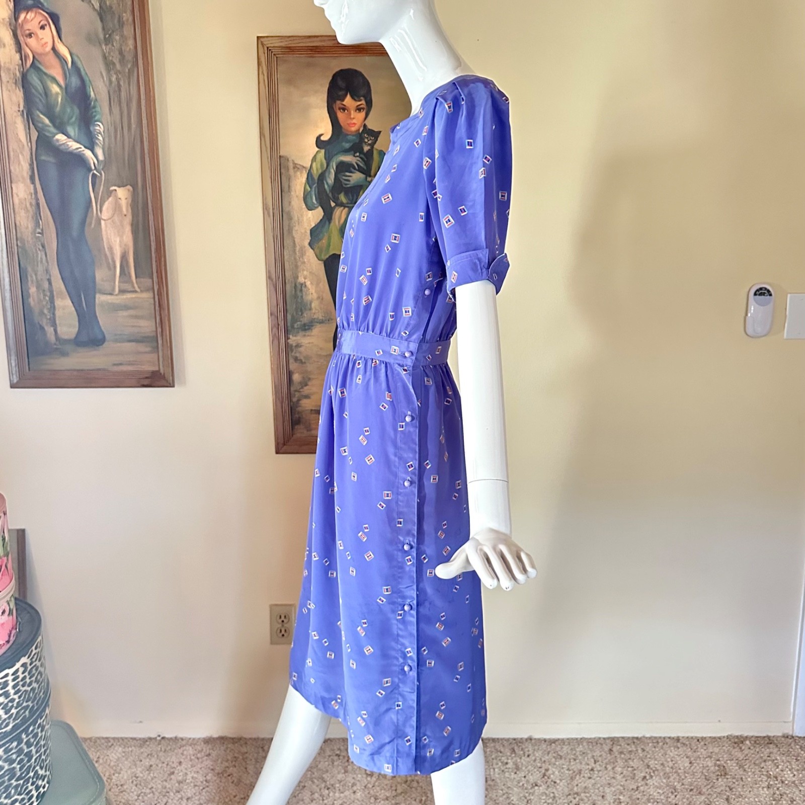 Vintage 1980s New Wave Squares Purple Secretary Day Dress Cute Button Side! S