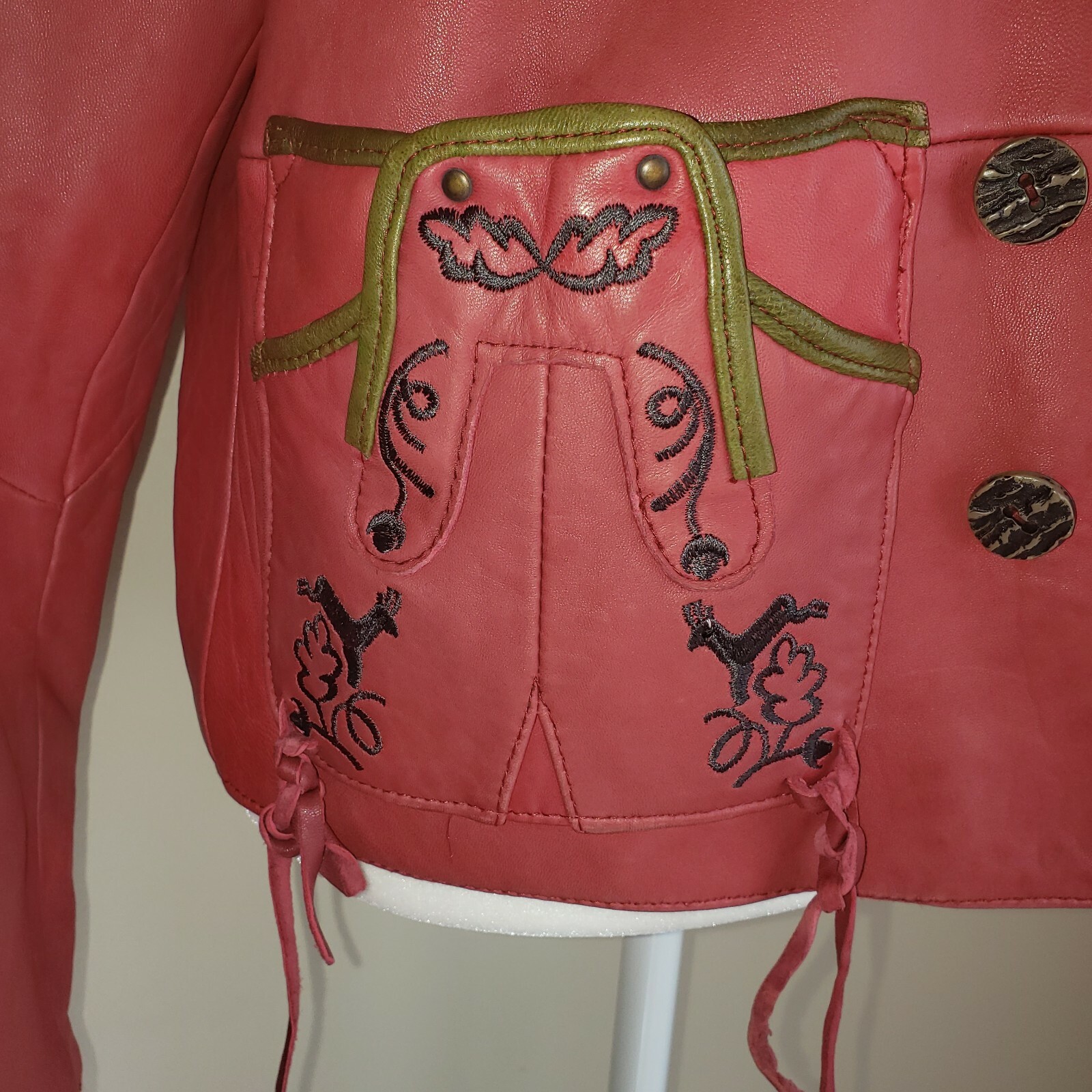 Vintage 80s Original Leather Sound LS Red Leather Jacket Green Accents Sz 38