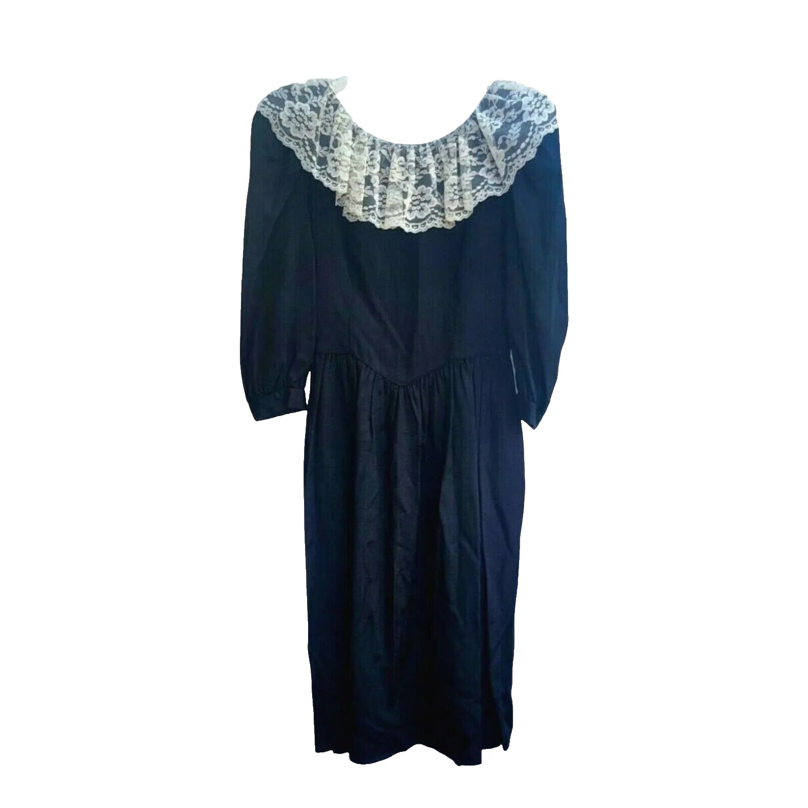 Leslie Lucks Dress Sz 8 Lace Collar Black Puff Sleeves Vintage 80s