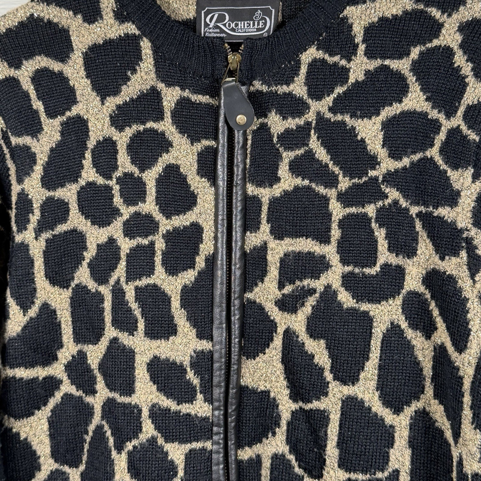 Vintage Rochelle California Cardigan Womens Medium Cheetah Print Black Gold Wool