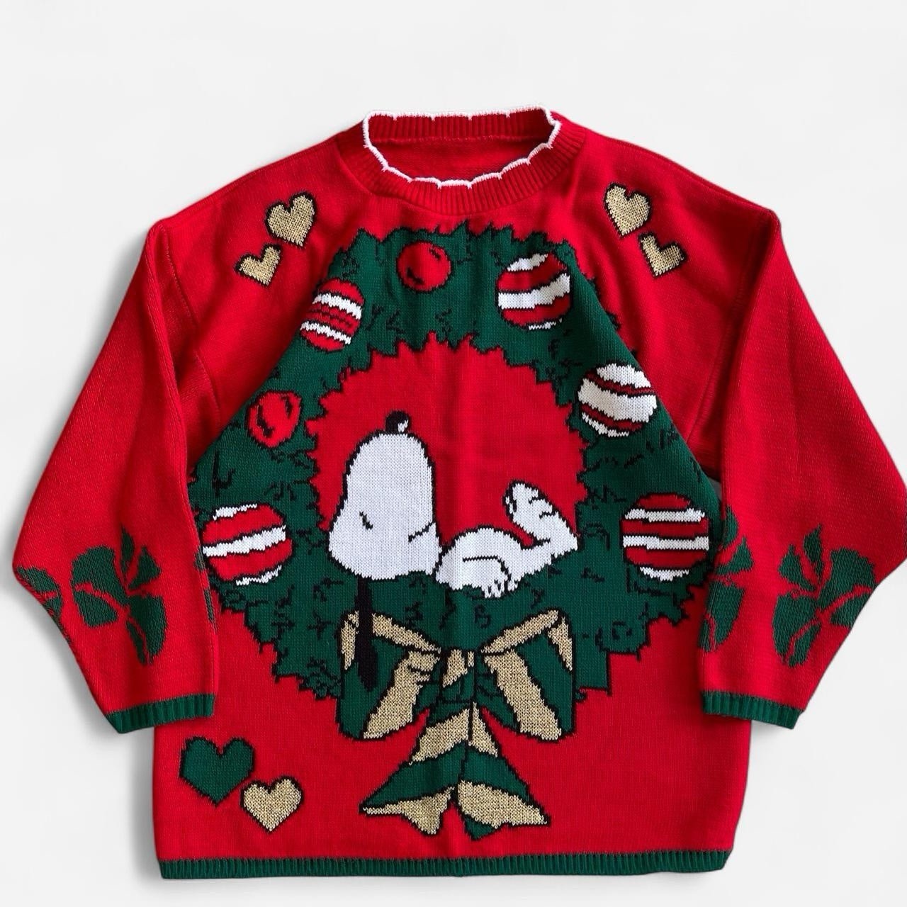 Vintage Snoopy Peanuts Christmas Sweater Wreath Red Knit Festive Holiday 90s