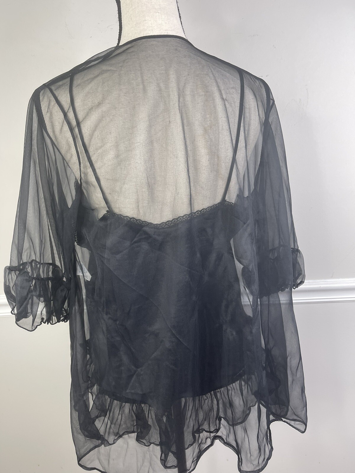 Vintage DELICATES Liquid SATIN Lace Cami Peignoir Black Large Chiffon Set Sexy