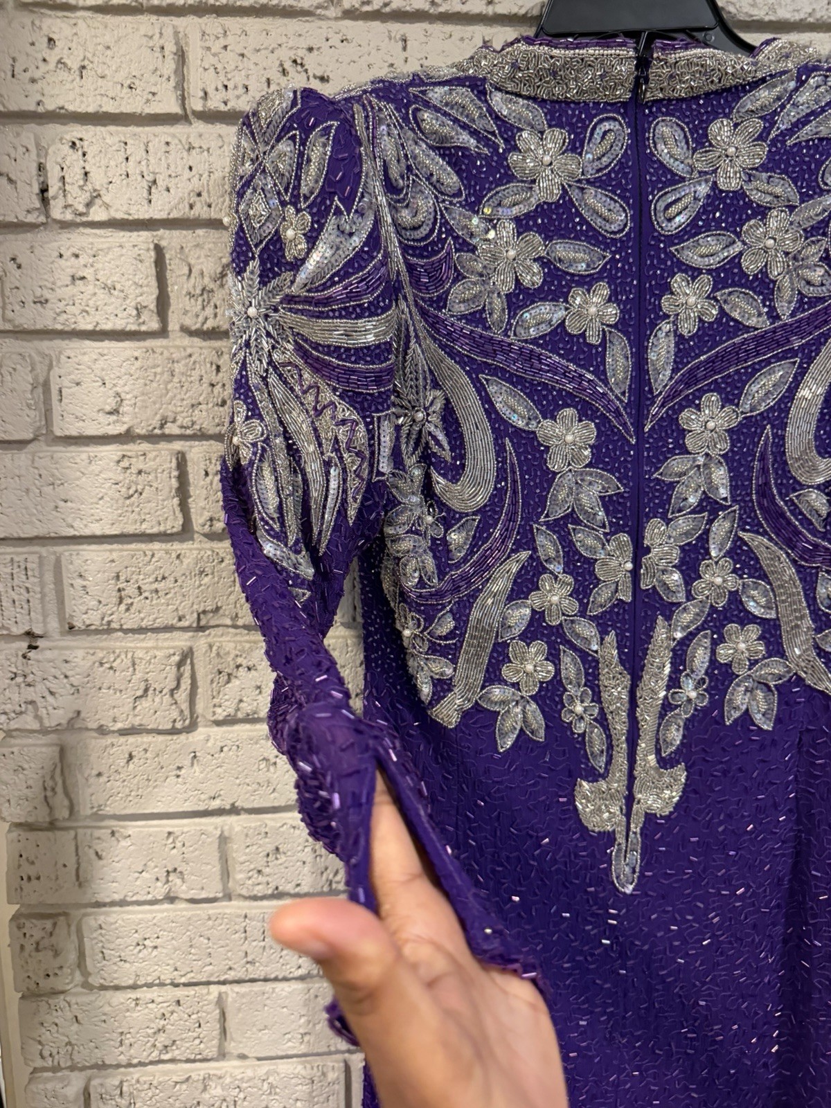 80S Vintage Sequin Imports 100% Silk Purple And Silver Beaded Ball Gown. READ