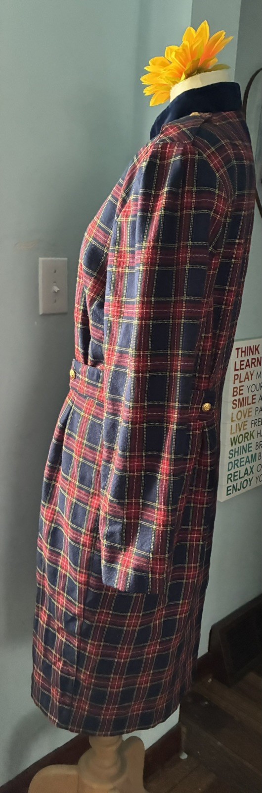 Vintage Laura Plaid 100% Cotton Dress Velvet Collar Gold Buttons USA 80s Sz 14
