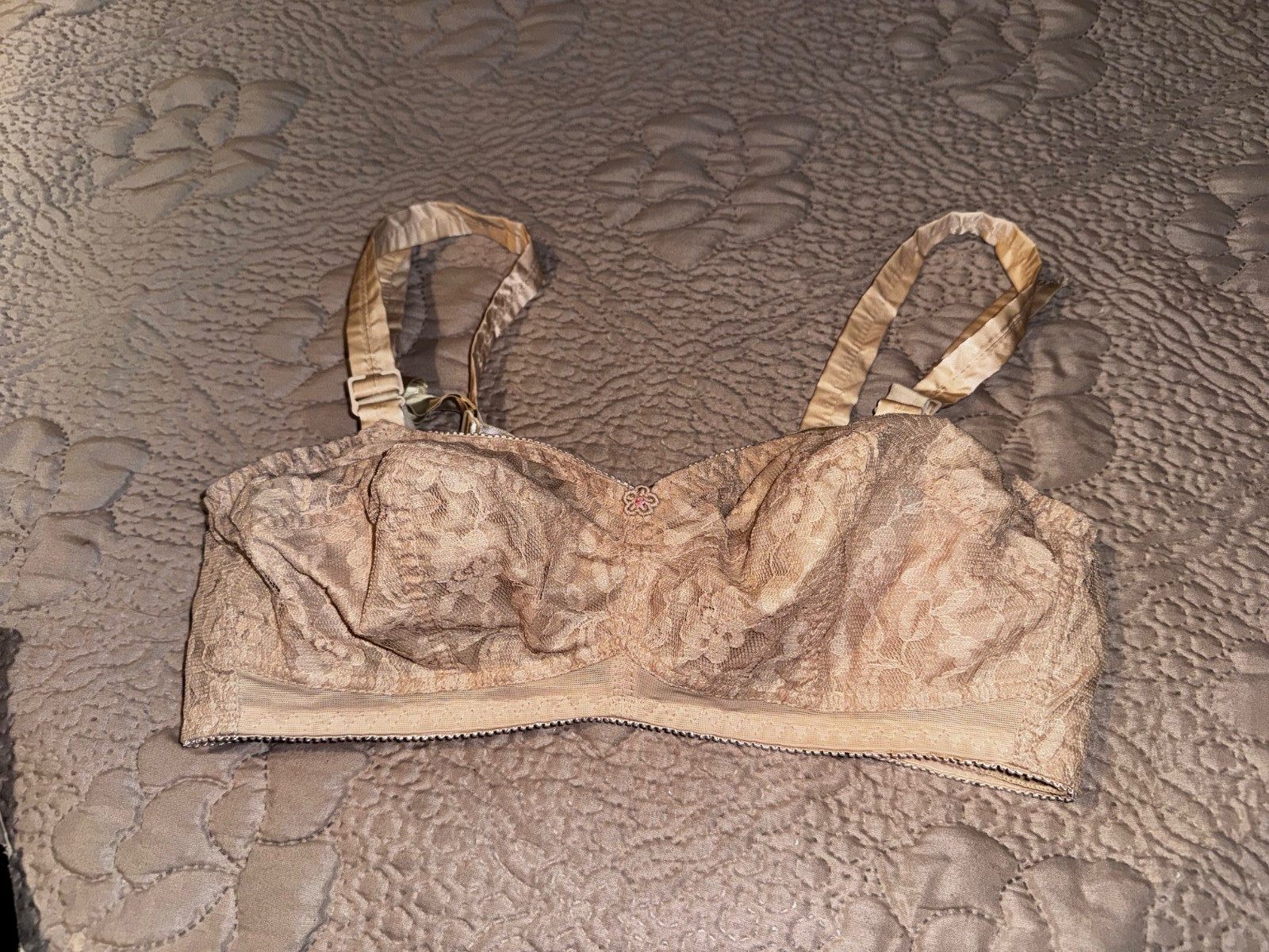 Vintage 1960’s Sculptress Beige Lace Bra Style 521 w/Attached Banderin 36CC USA