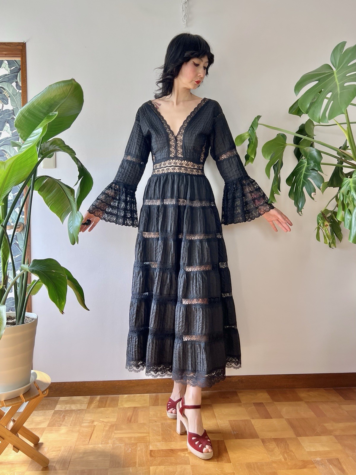 VTG 60s Mexican Wedding Dress Black Lace Pintuck Bell Sleeve Maxi S/M Boho Hippy