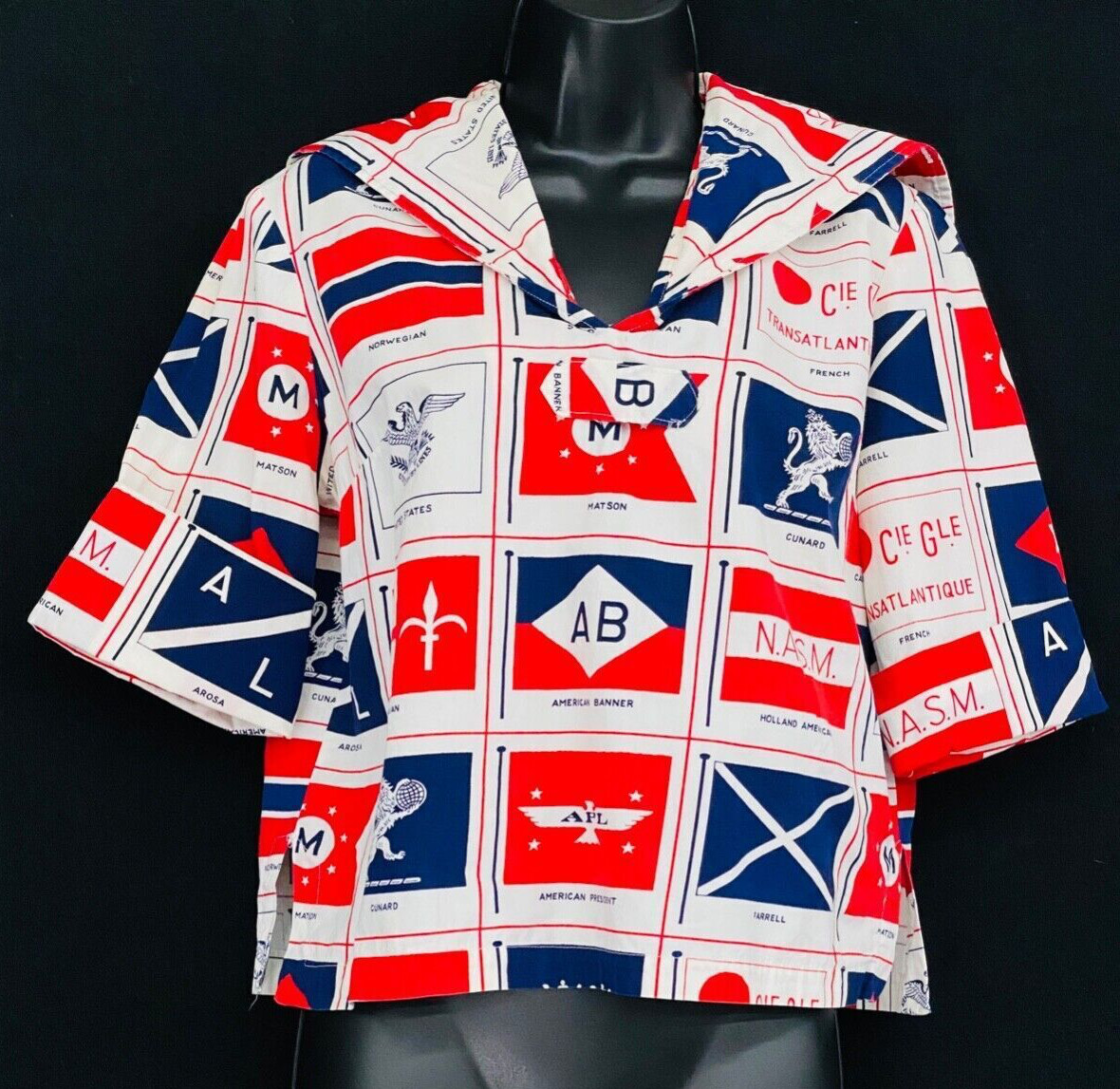 Vintage 1960s novelty print crop top, white navy blue red sailor nautical shirt