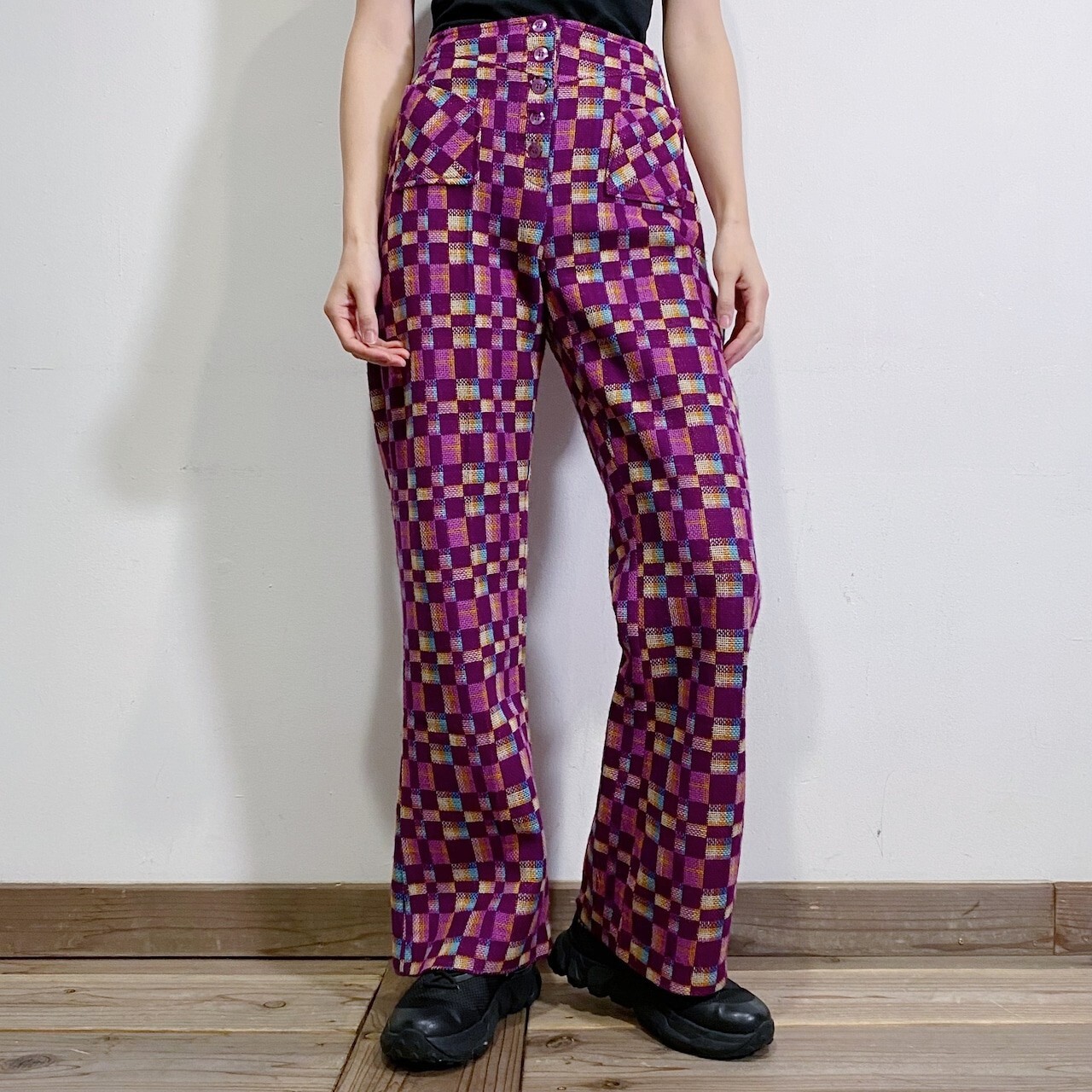 Vtg 60s-70s Raisa Ladies Multi Color Woven Acrylic Plaid Hip Hugger Pants VTG 16
