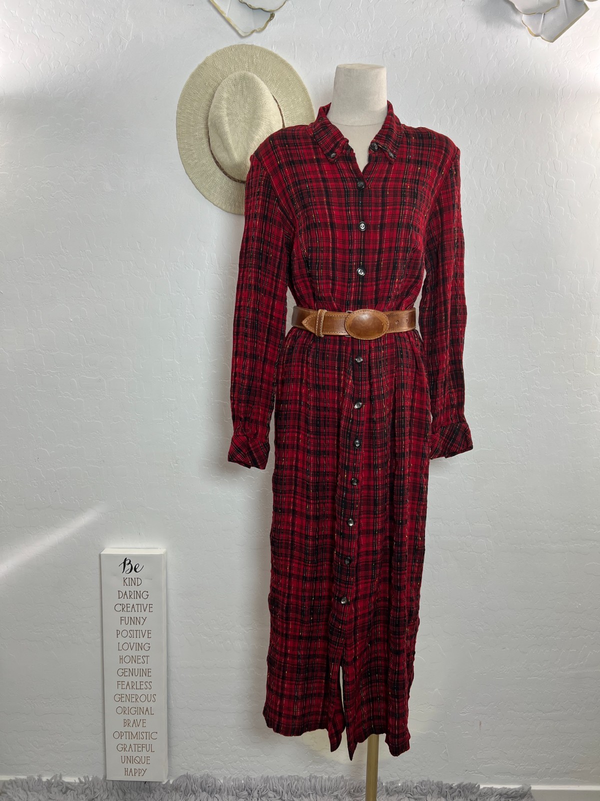 VTG EXPO plaid long dress size 14W buttons red black casual western made USA