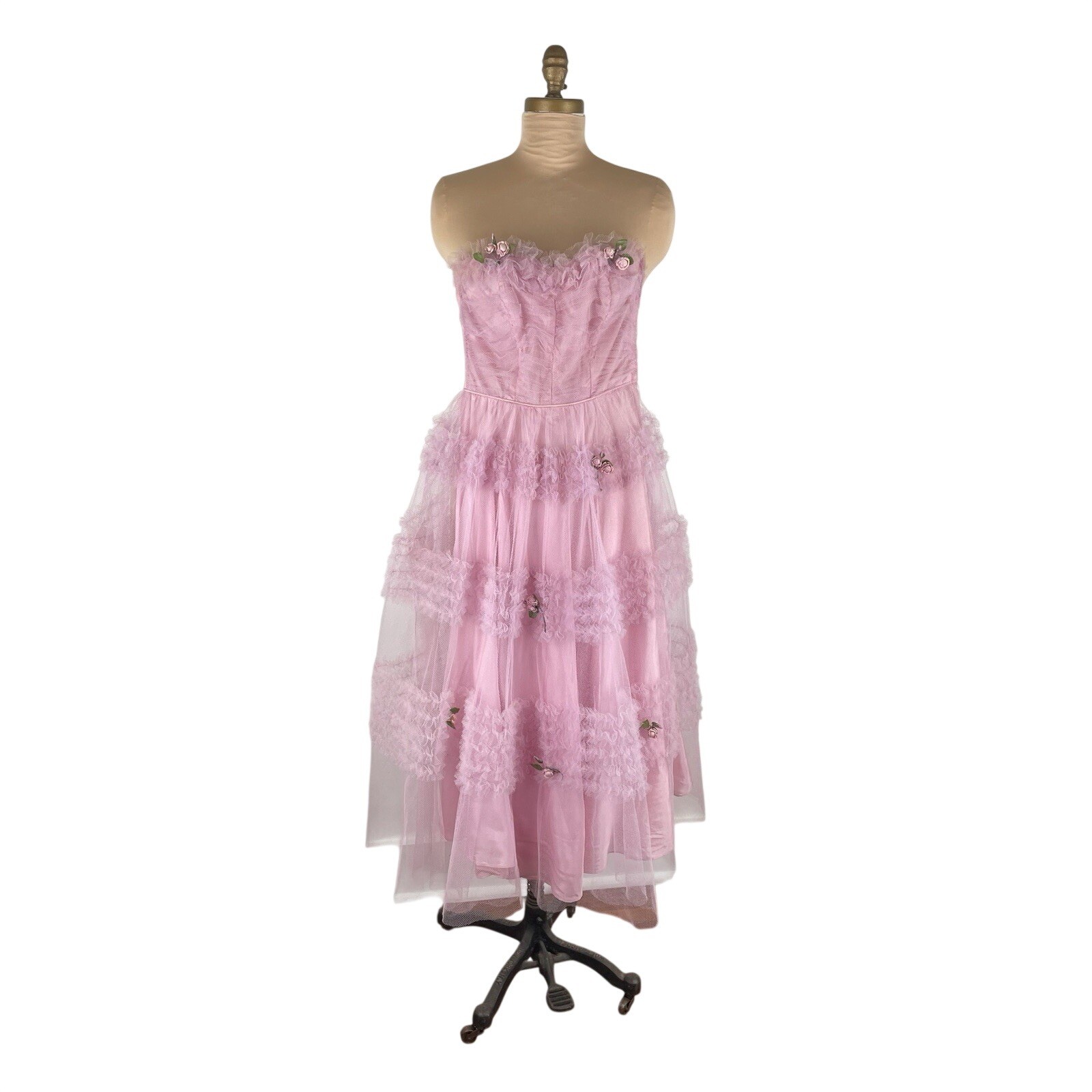 VTG 50s Pink Tulle Dress Sweetheart Bust 32″ Waist 24″ (Imperfections