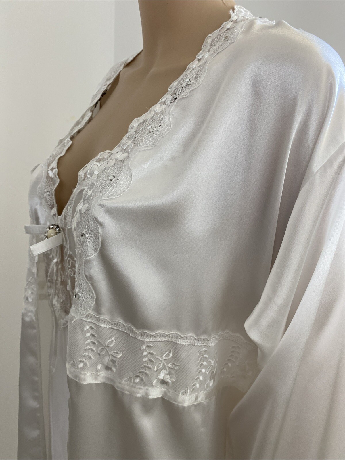 Vintage Espaur XXS-XS / 6-8 Bridal Nightie Negligee Set White Satin Floral Lace