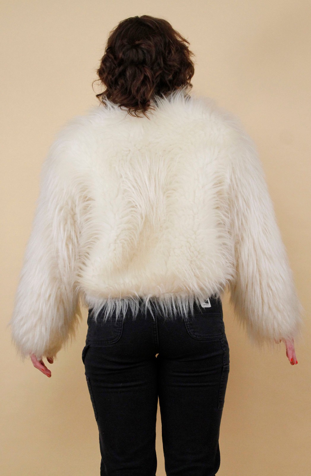 60s 70s Vtg Shaggy Faux Fur White Zip Up Crop Jacket Coat Mod Rocker Glam B34″