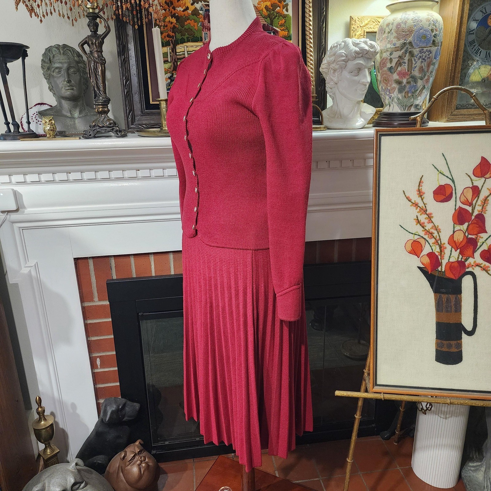 Vintage St John Marie Gray Red 3 Piece Knit Set Top Skirt Belt 60s Medium
