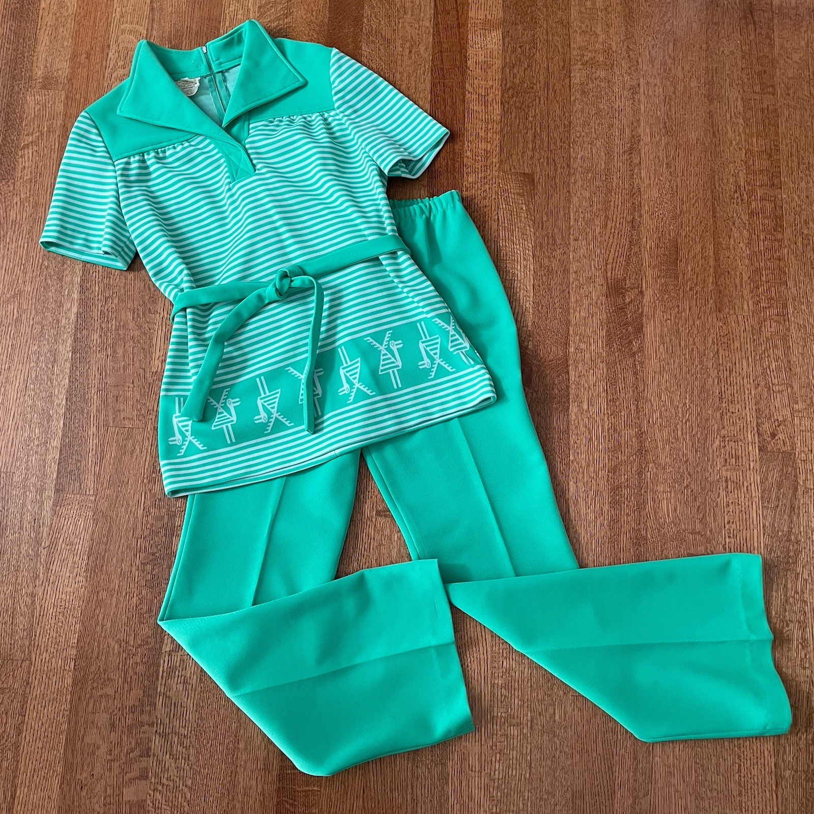 Vintage 70s Marty Gutmacher Knit Pantsuit Green White Lounge Disco Retro M?