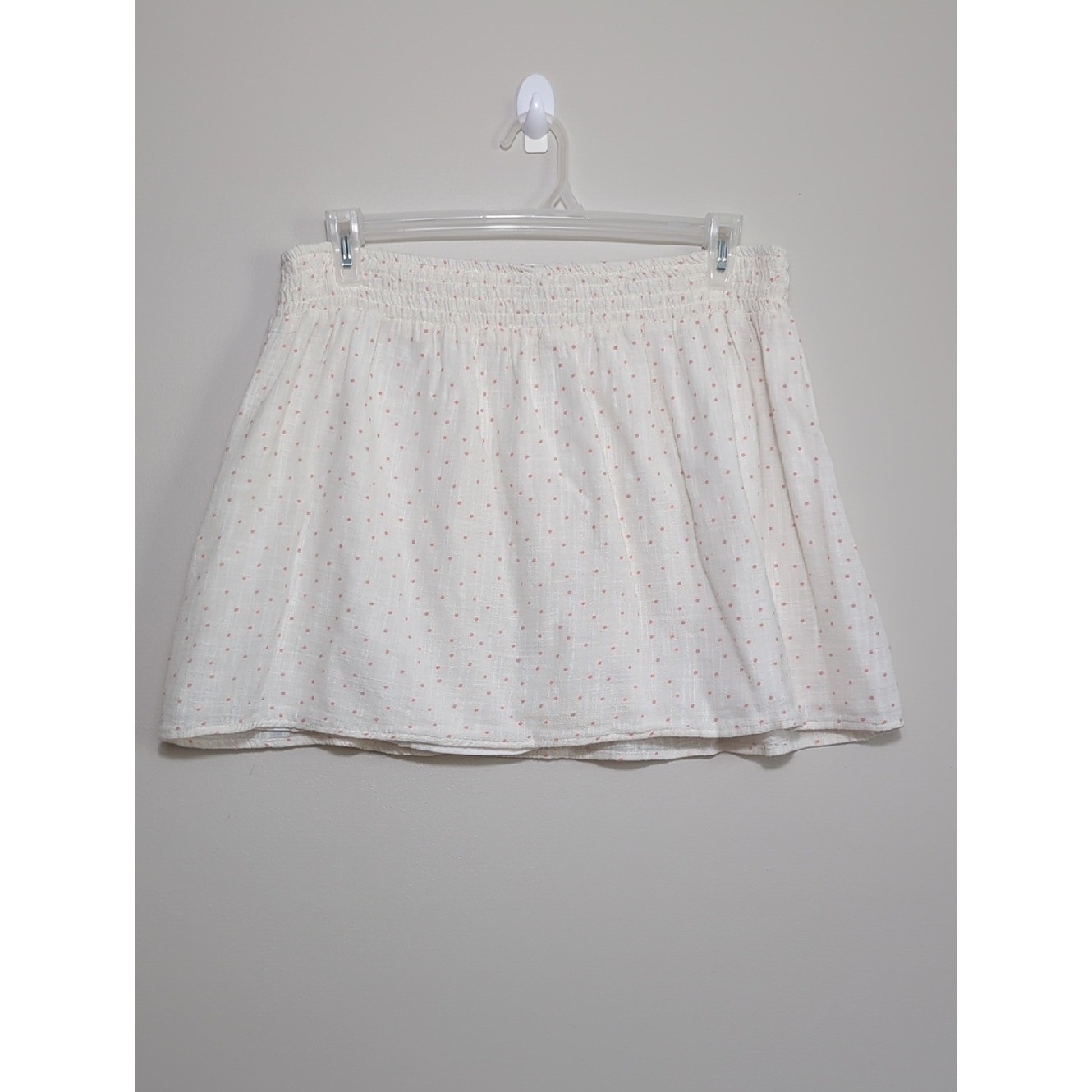 Vtg Y2K White and Pink Polka Dot Smocked Waist Mini Skirt XL Coquette Feminine