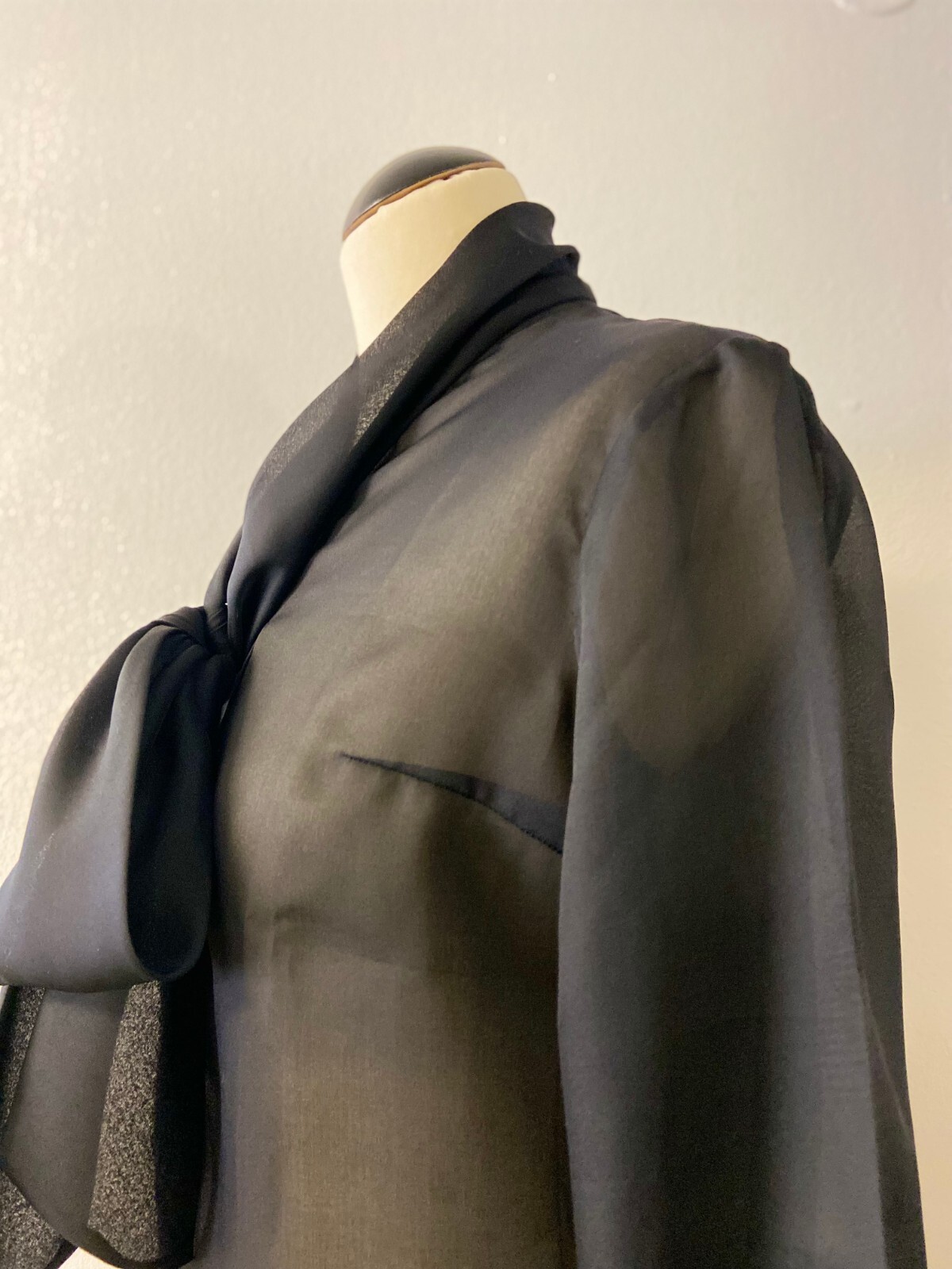 Chic Women’s Vintage Blouse | Sheer Black Bow Tie | bracelet Sleeve | Size M/L