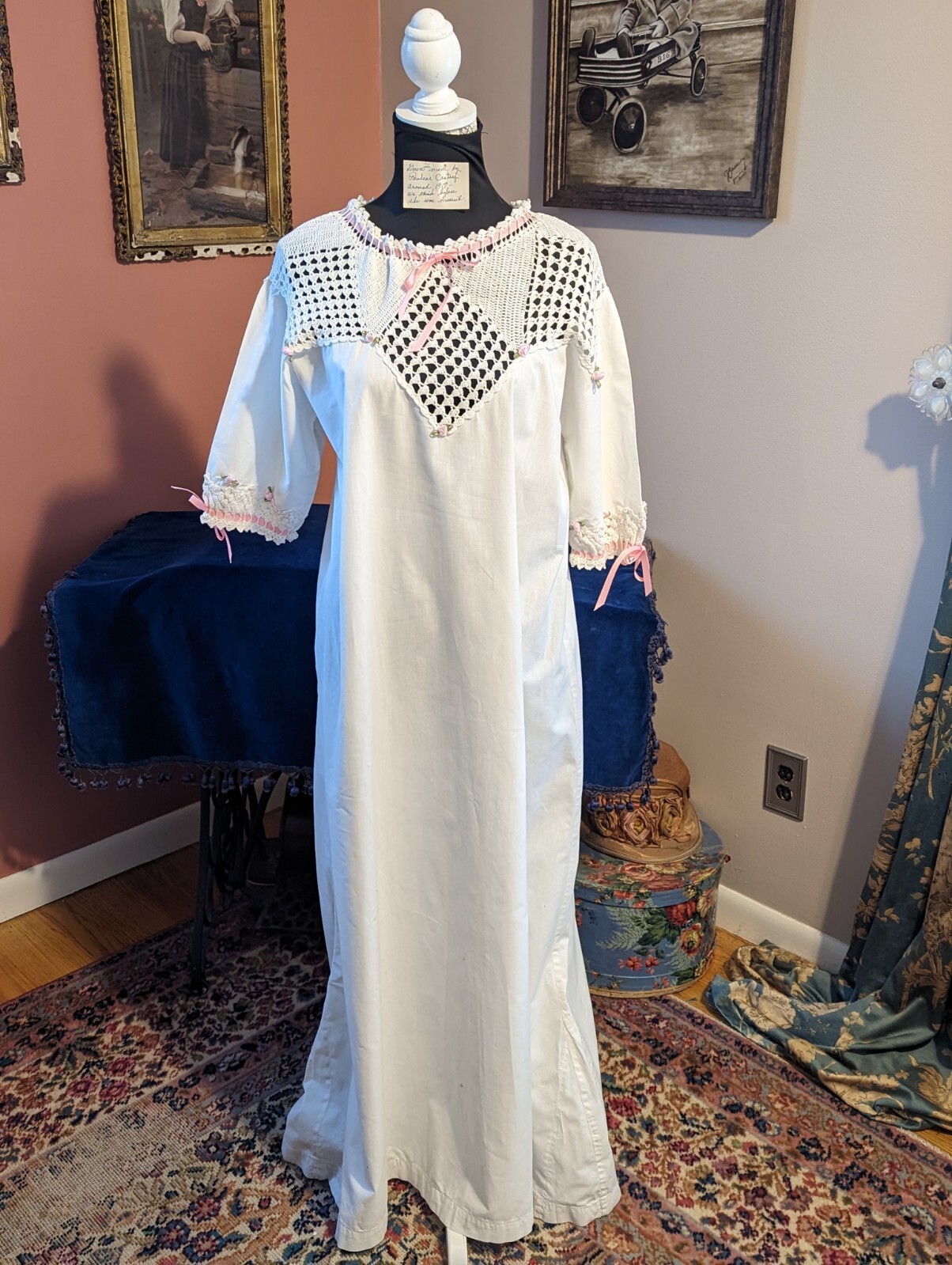 Antique Vintage Edwardian Crochet Lace Handmade Nightgown Ribbon Roses ca 1917