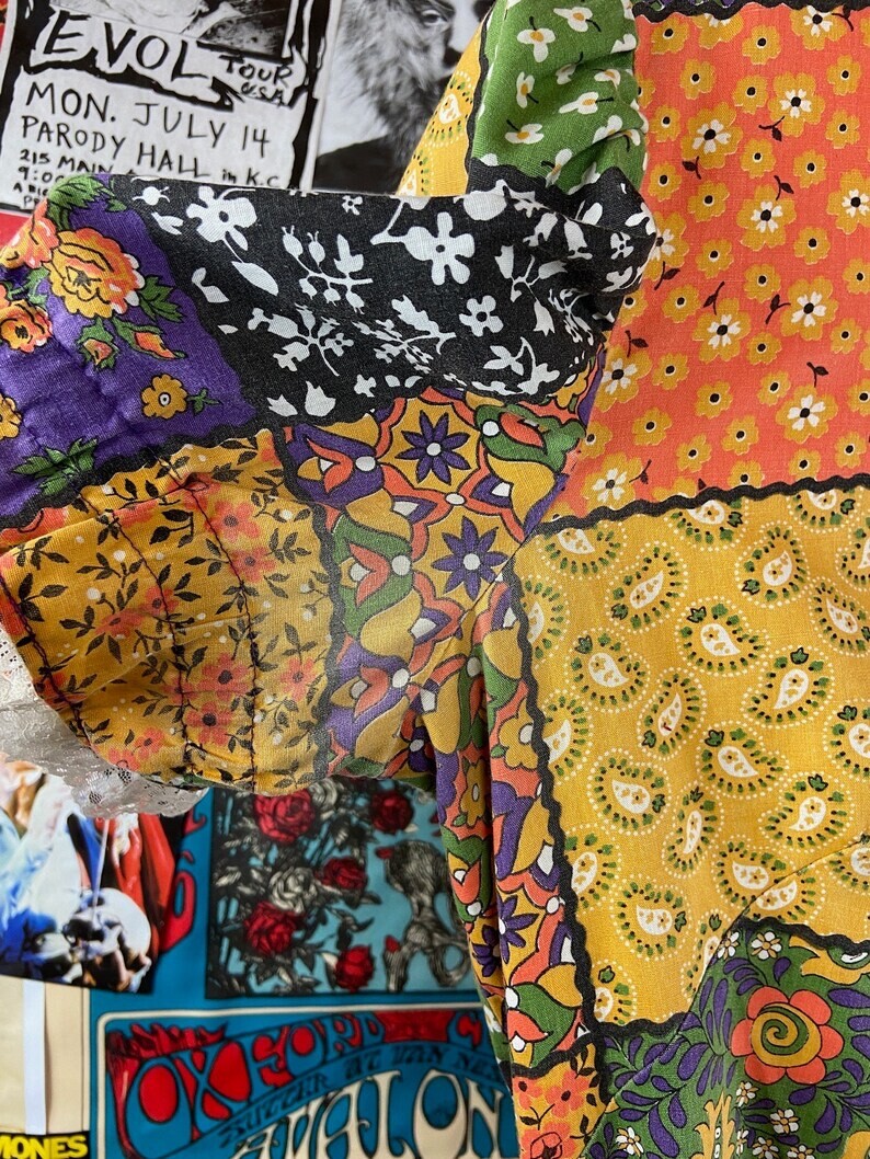 Vtg 70s Colorful Patchwork Print Puff Sleeve Maxi Boho Hippie Dress S/M Retro