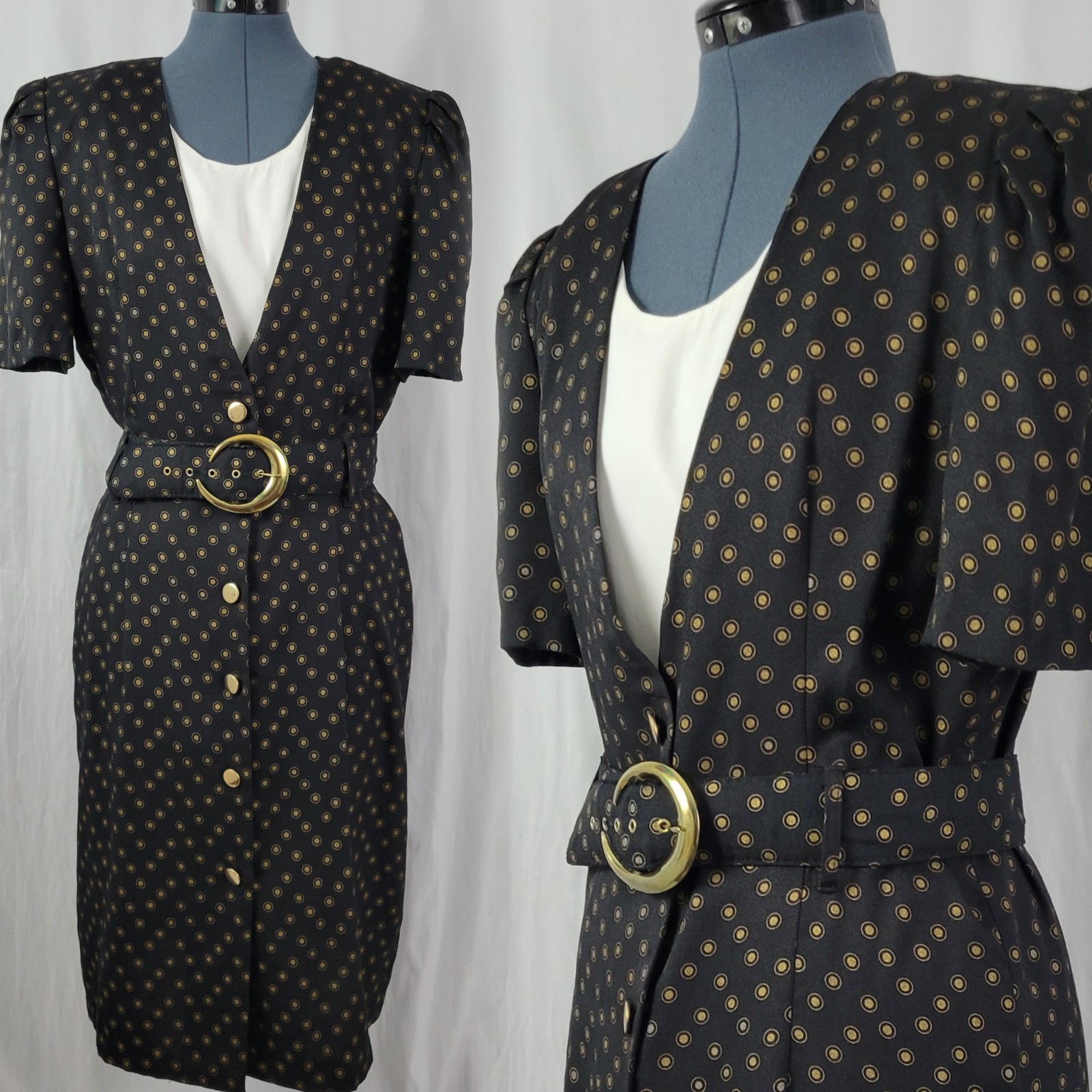 Vtg Whirlaway Frocks Black Sheath Dress w Gold Pattern, Belt & Dickey Size 14