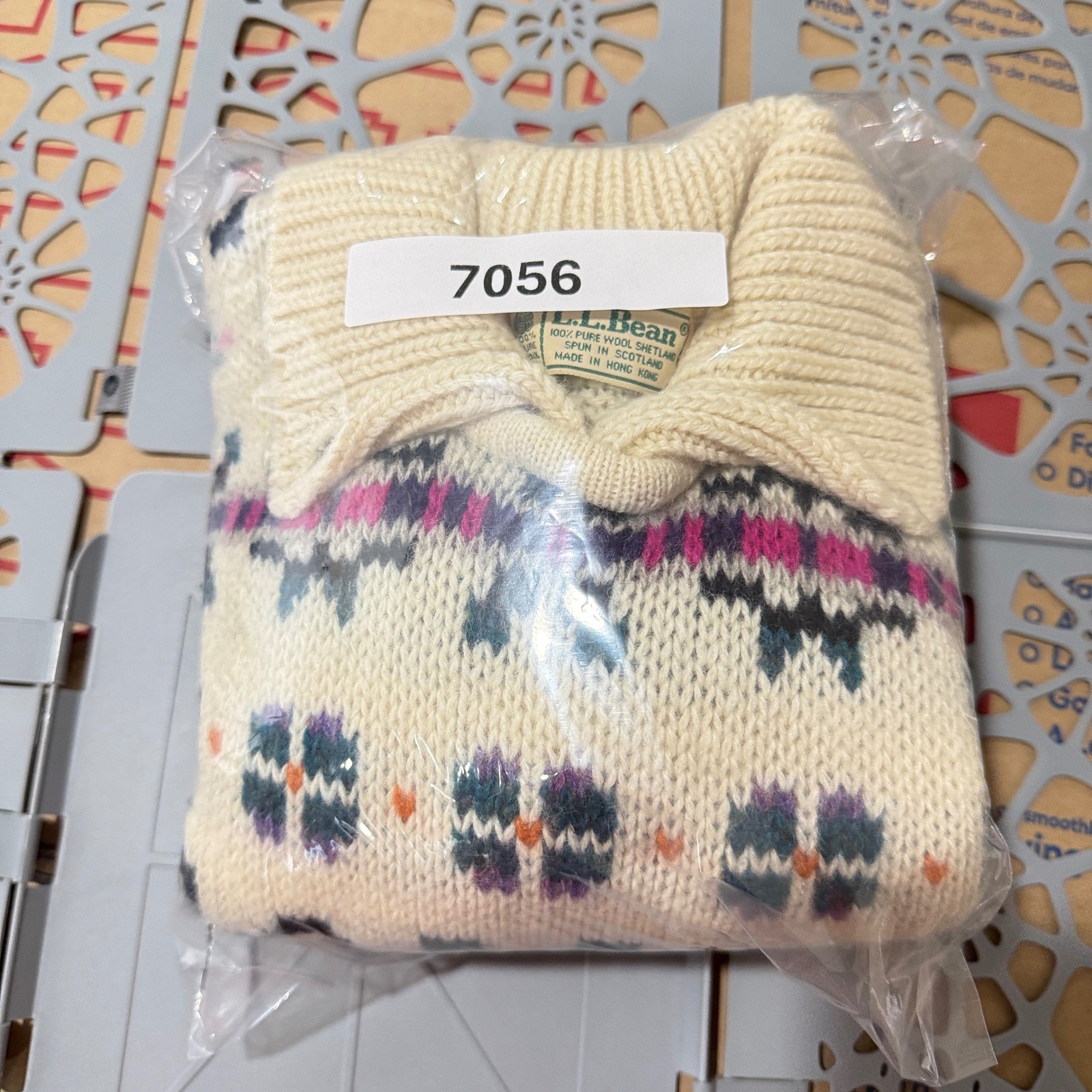 Vtg LL Bean Shetland Wool Fair Isle Sweater Womens Large Cream 100% Wool