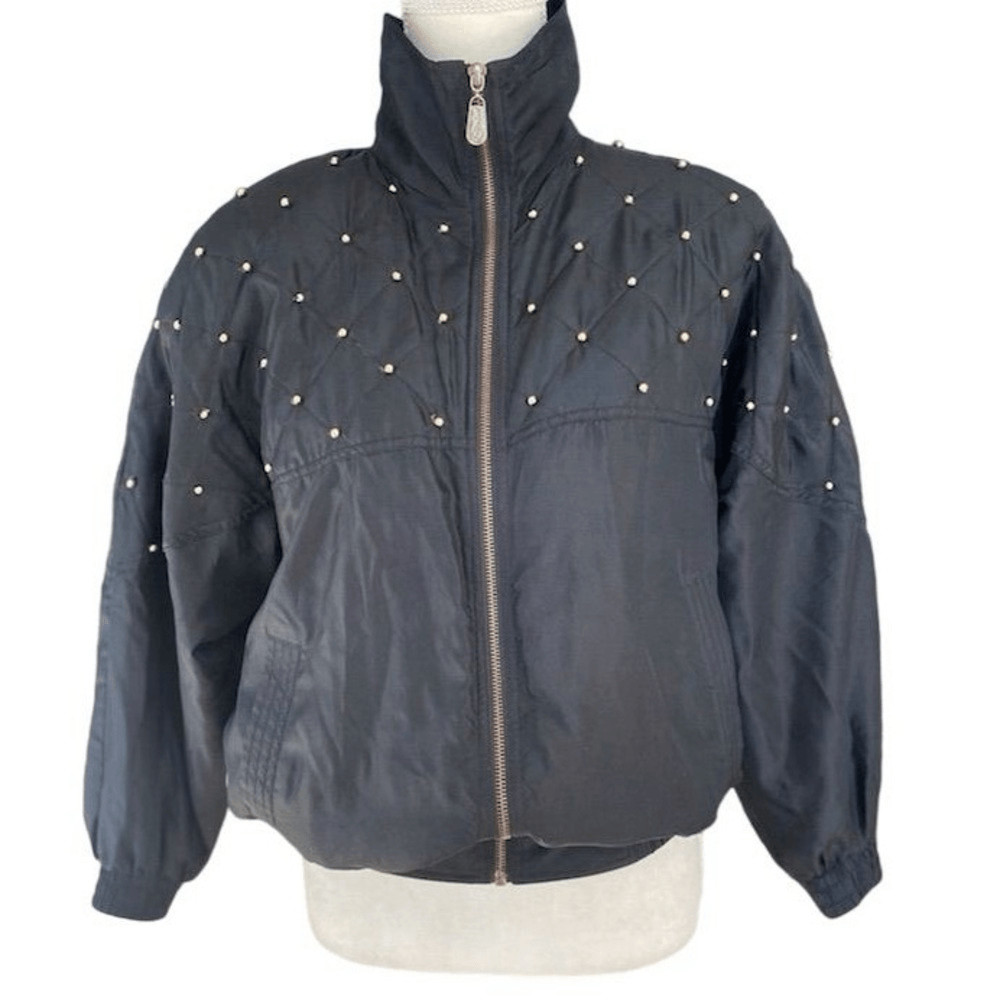 Vintage 90s Fuda Silk Women’s Black Embellished Windbreaker Jacket P