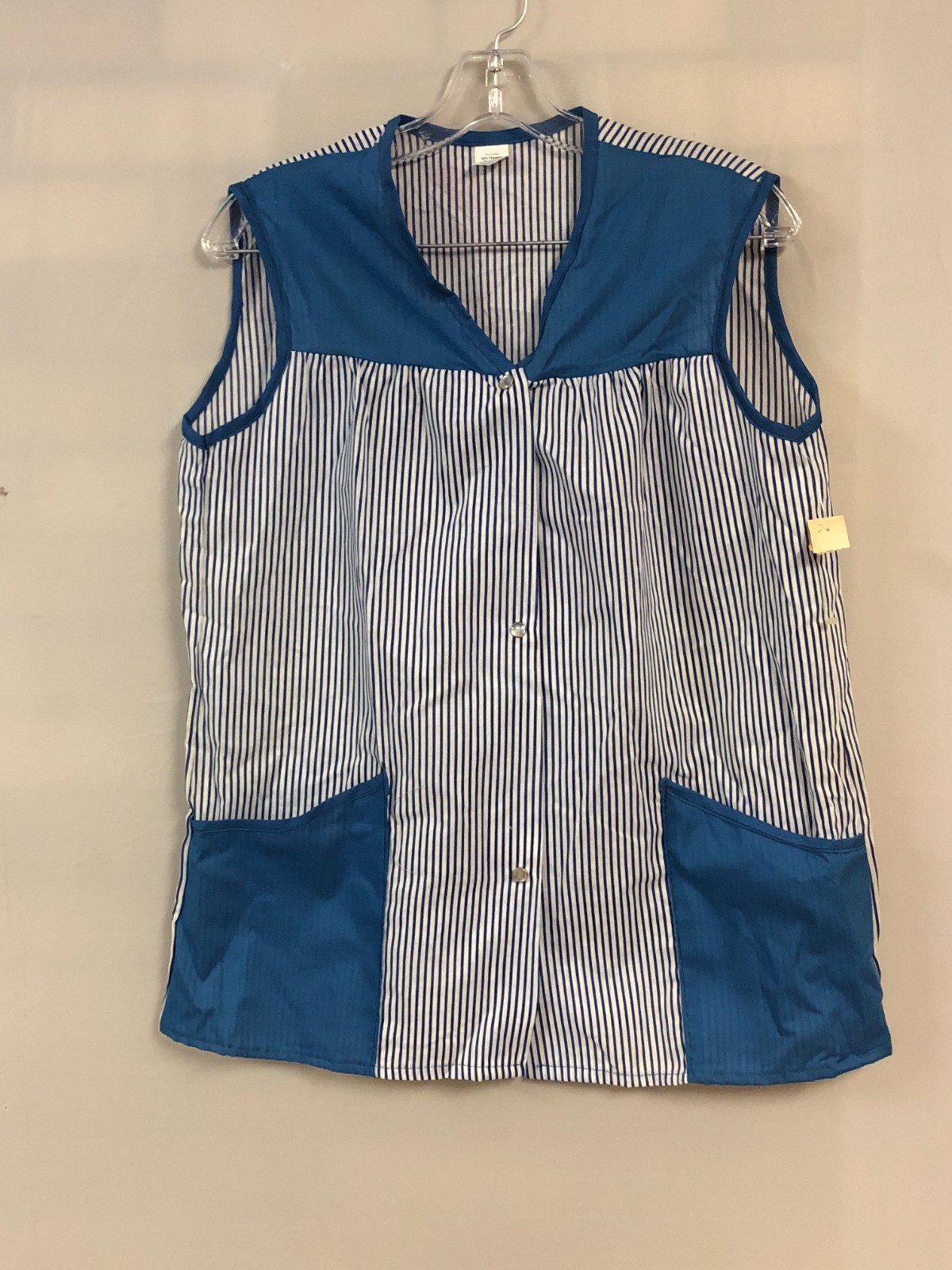 Vintage 1980s White & Blue M/L Striped Smock Top Snap Closure NOS Deep Pockets