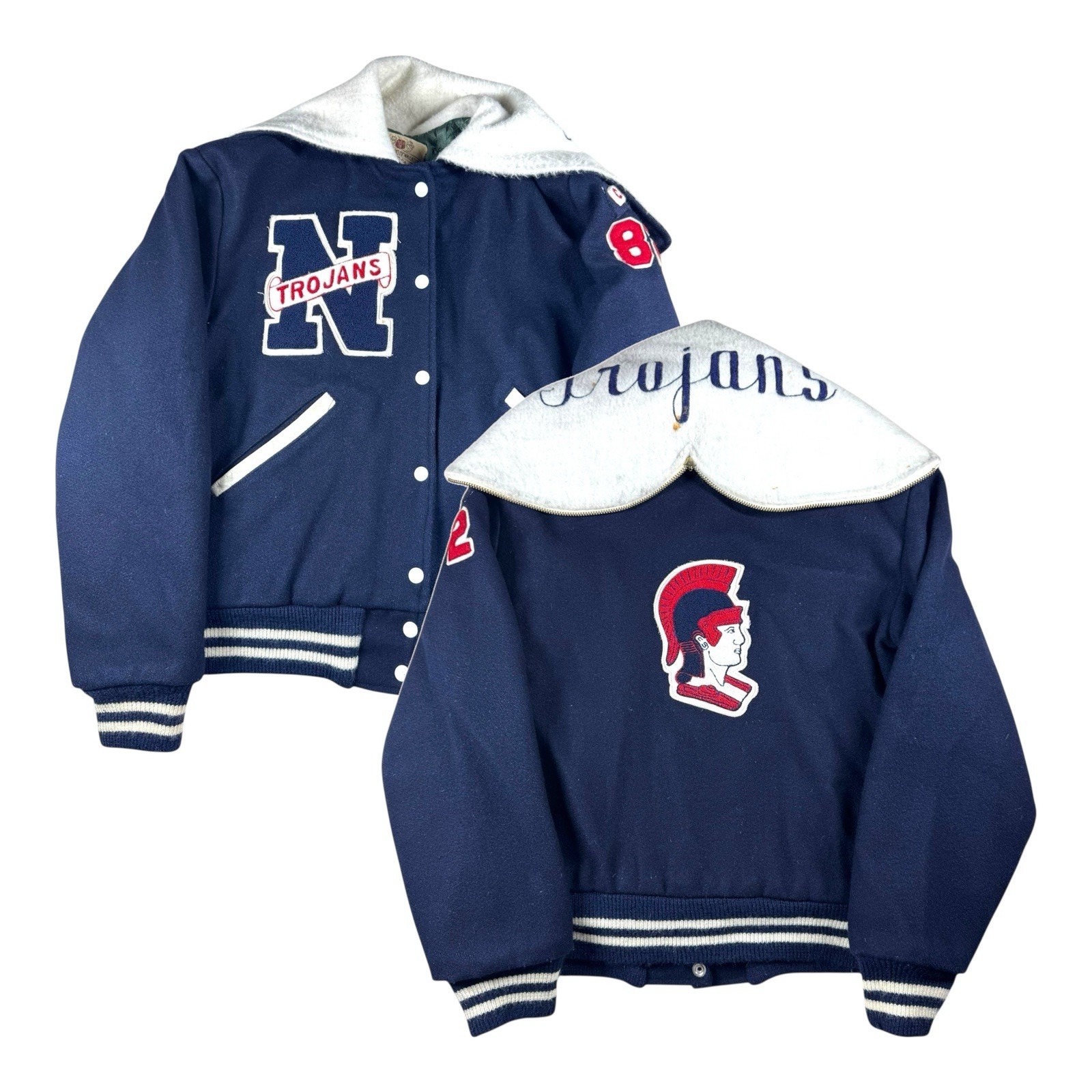 Vintage Nanticoke Trojans Hooded Varsity Jacket Navy Embroidered Made In USA