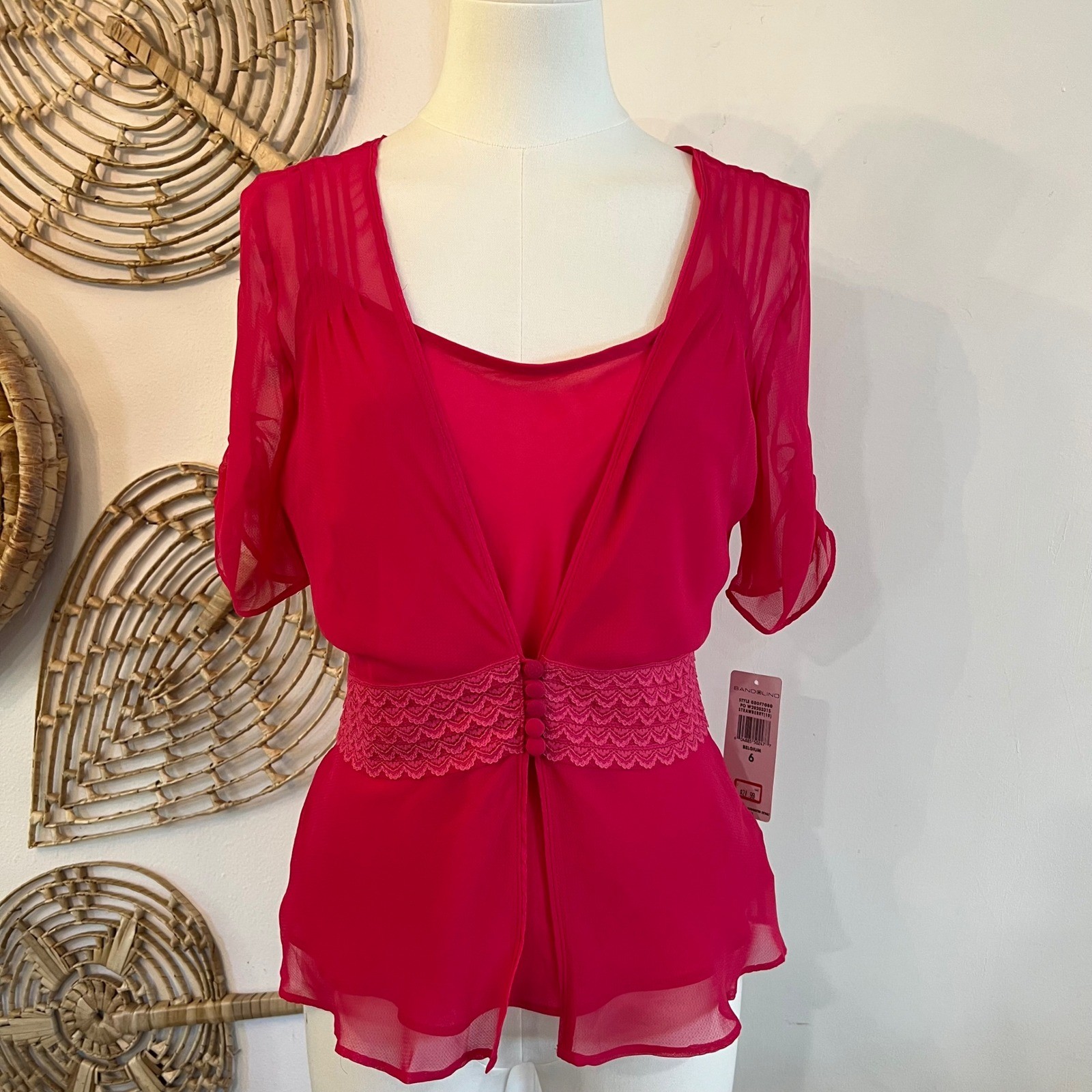 Vintage Bandolino Pink Sheer Chiffon Twin Set Lace Camisole Cardigan Y2K Size 6