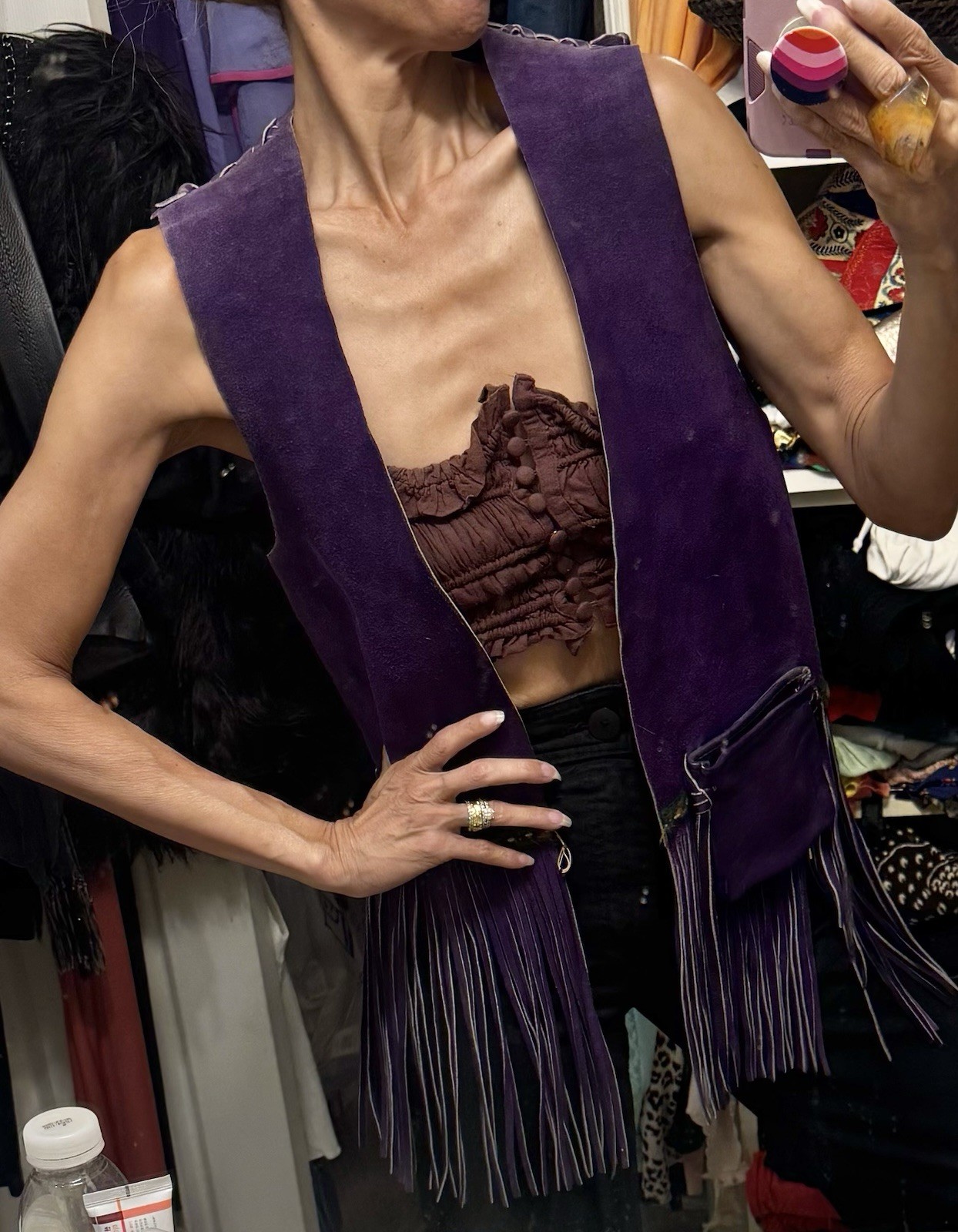 Vtg 70s Purple Leather Suede Vest Fringe Pocket Boho Rock Star Jacket Unisex