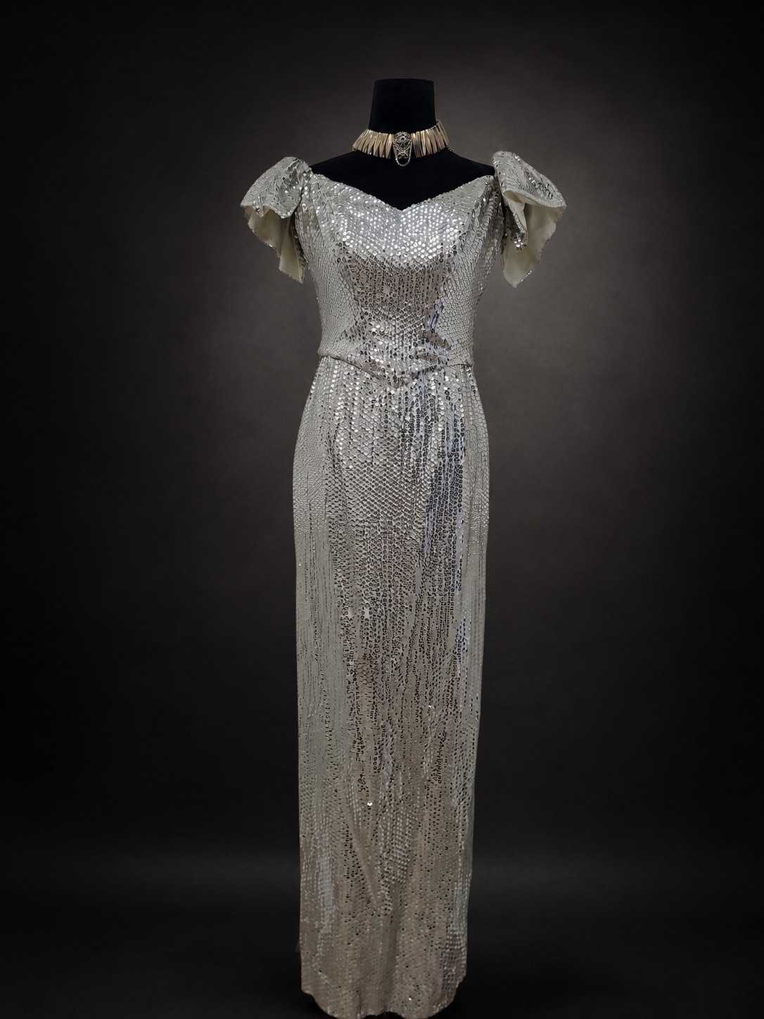 VTG 80s Alice Designs Silver Sequin Beaded Evening Gown Formal Prom Dress