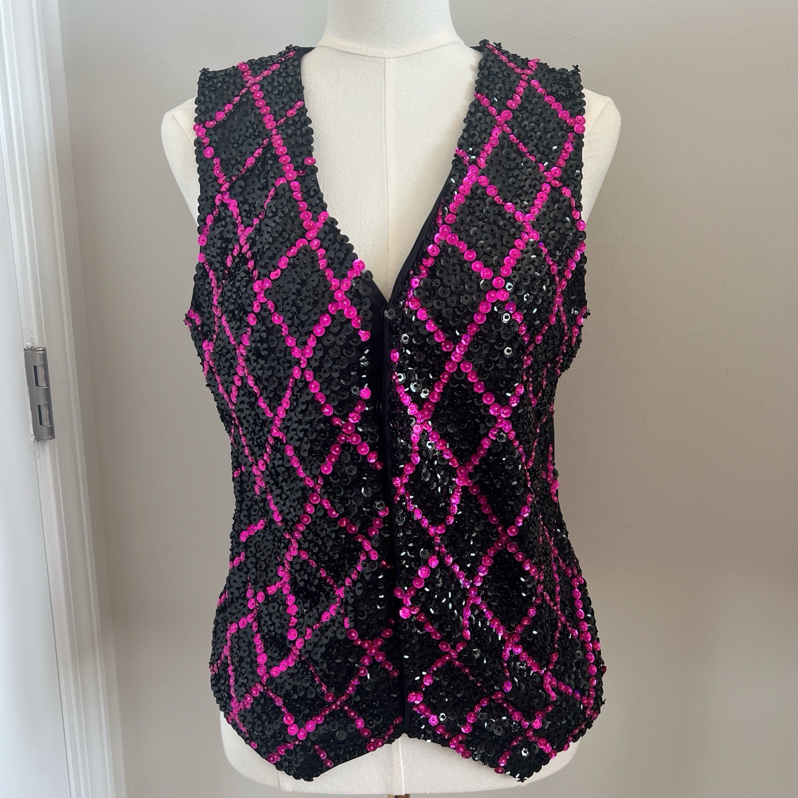Vintage Hot Pink/Black Beaded/Sequined Vest Size XL from Glamorous Costume