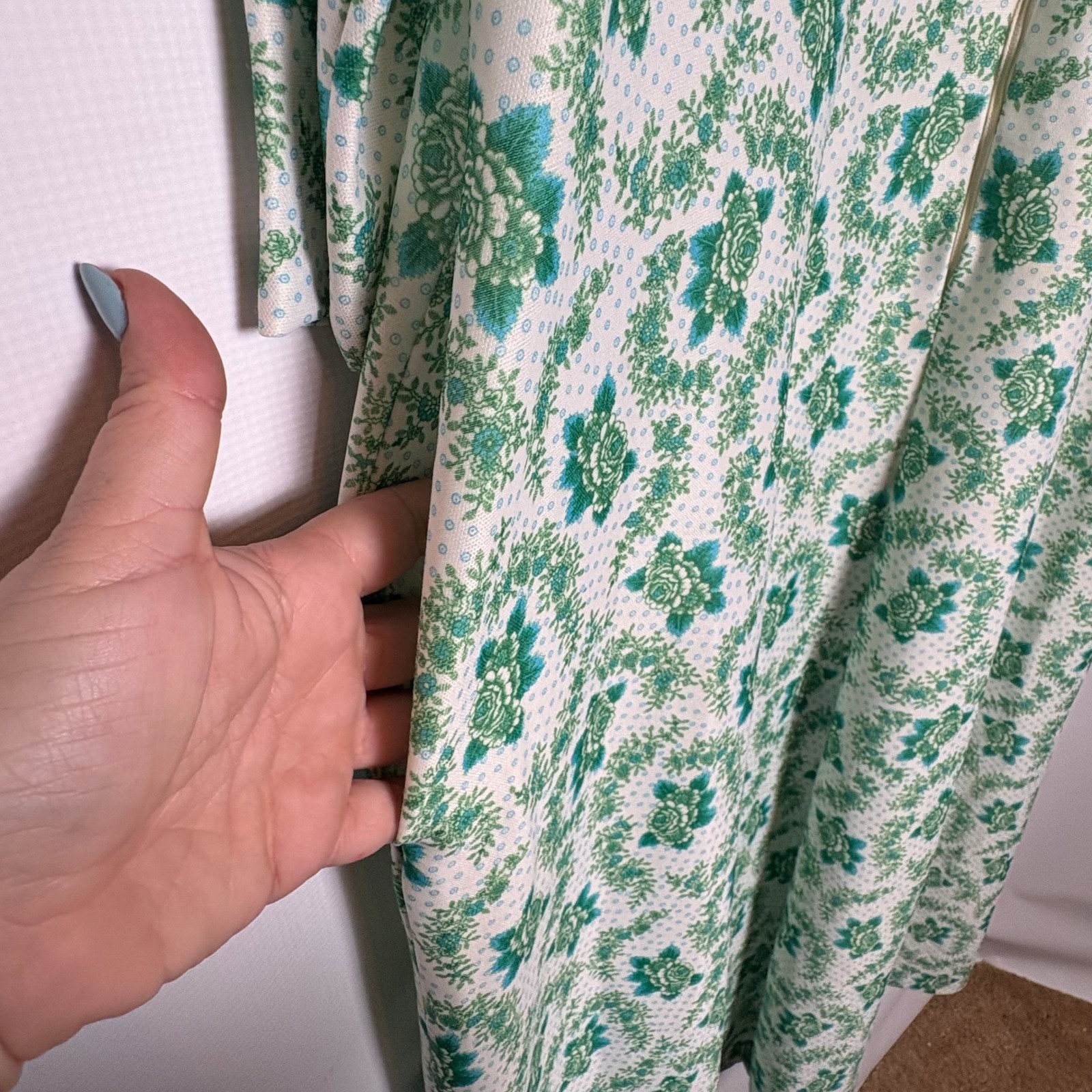 Vintage Elaine Sklar Green Floral Zip Front Maxi Robe Housecoat Pocket Small