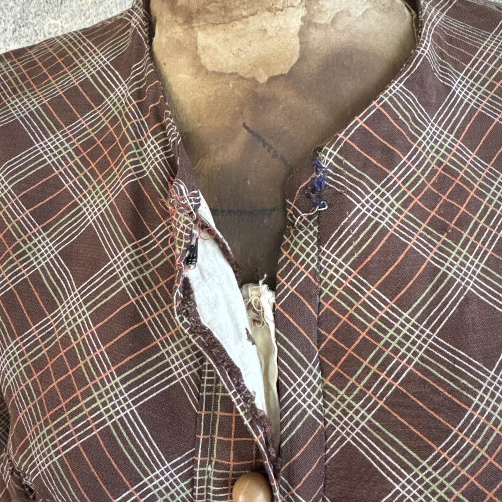 Vintage 1930s Brown Green & Orange Plaid Linen Dress Maxi Bell Sleeves Wooden