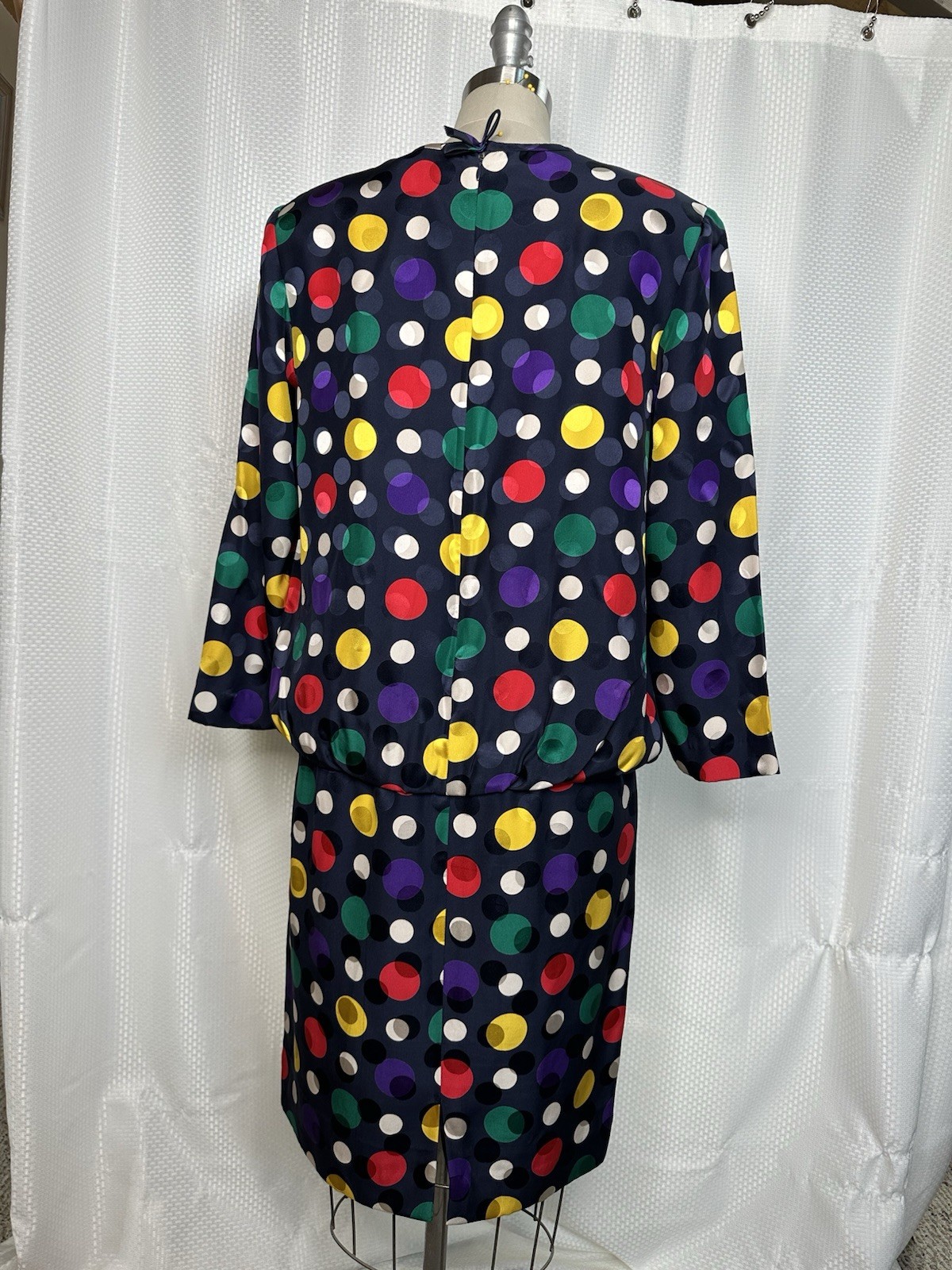 VINTAGE STANLEY SHERMAN SILK POLKA DOT LONG SLEEVE MIDI DRESS MULTICOLOR SIZE 10
