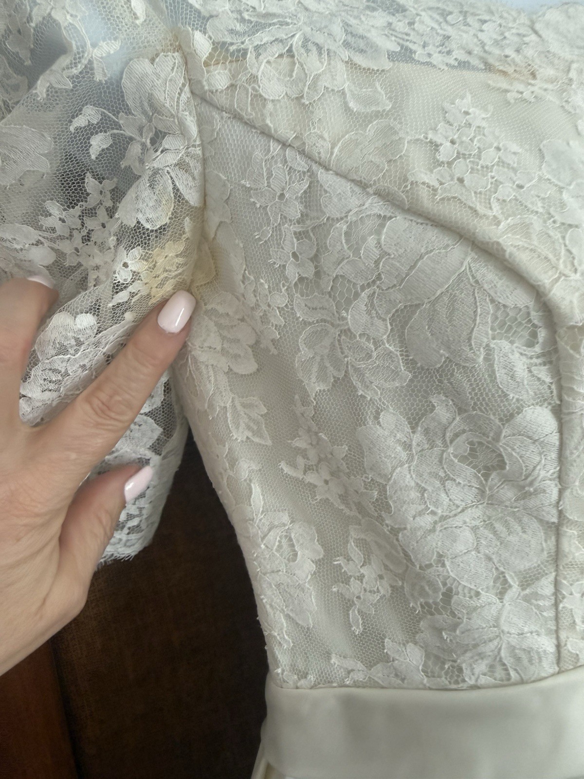 VTG 50s Wedding Dress Cream Lace Bodice Short Sleeve 28” Waist Bow Button Back