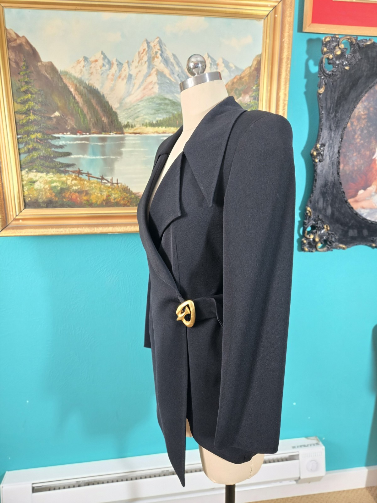 Vtg 1980s Kathryn Dianos Dagger Collar Goth Black Asymmetric Blazer