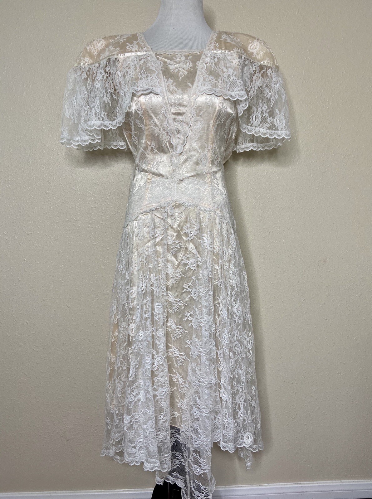 Jessica McClintock Gunne Sax Champagne White Lace Drop Waist Sz 5 Cottagecore