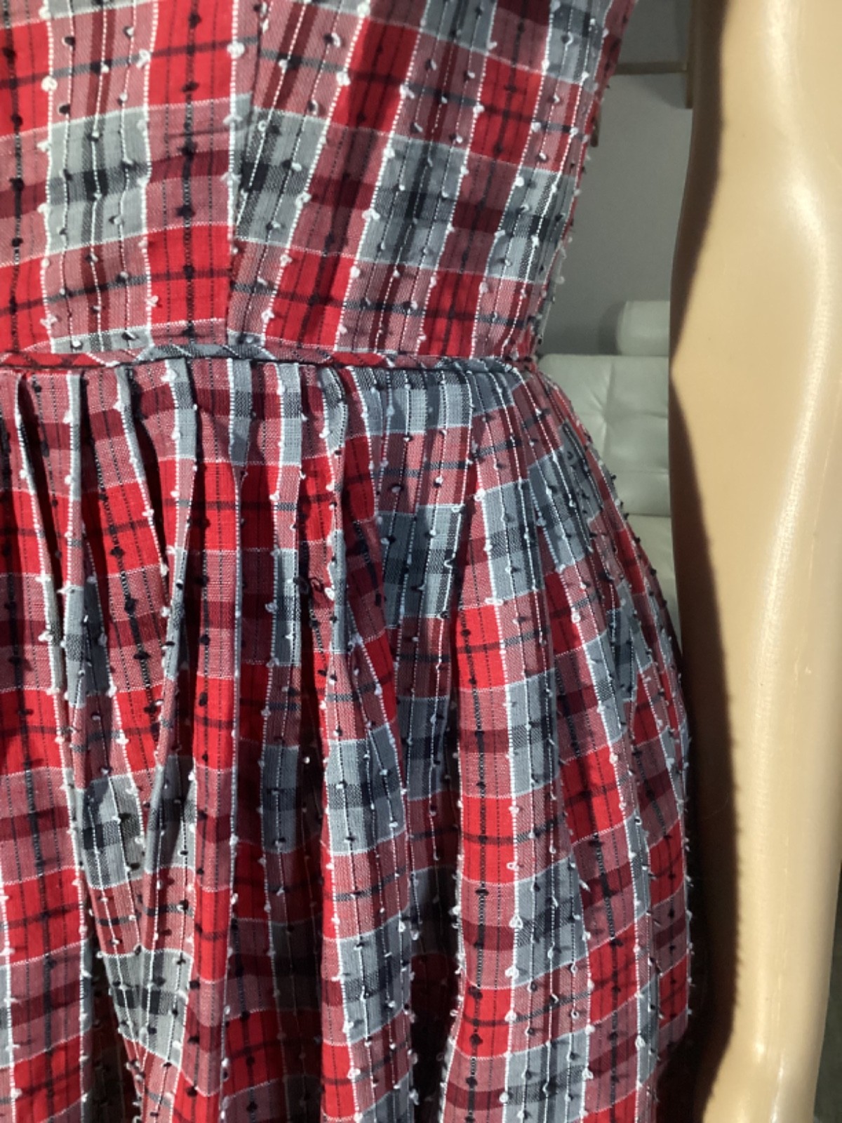 Vintage 1950s Plaid Nubby Sleeveless Day Dress Red Gray Rockabilly