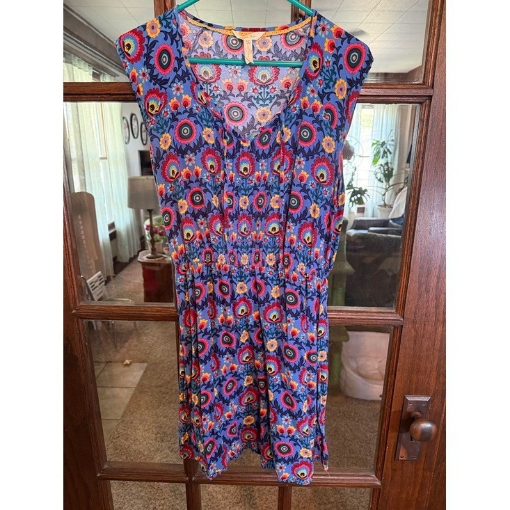 Matilda Jane Womens Blue Floral Folk Art Pintuck Mini Dress Size Medium Rayon