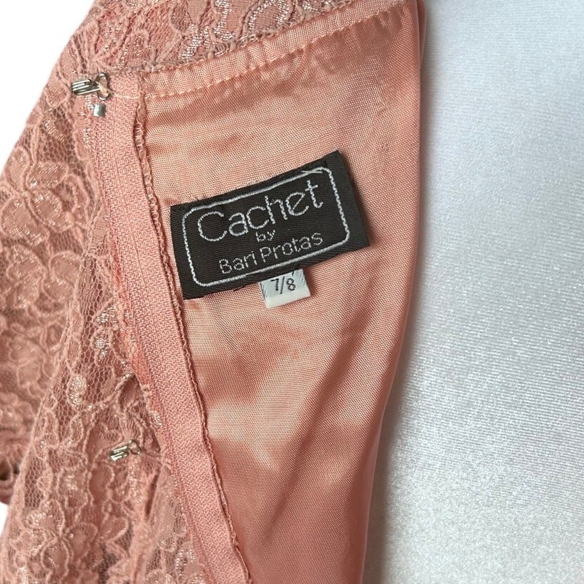Vintage Cachet by Bari Protas Pink Lace Midi Dress Cape Collar USA Made 7/8
