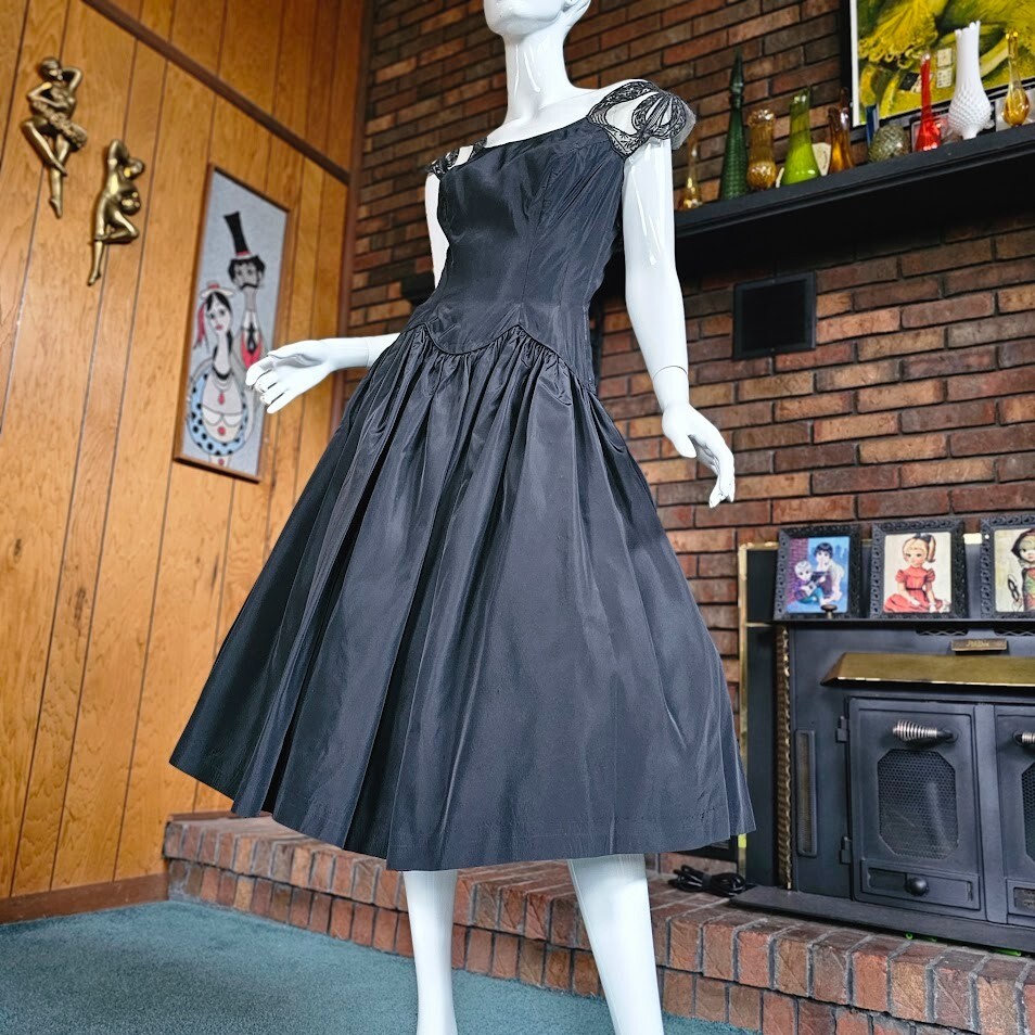 Vtg 40s New Look Novelty Bow Straps Drop Waist Evening Formal Cocktail Dress S